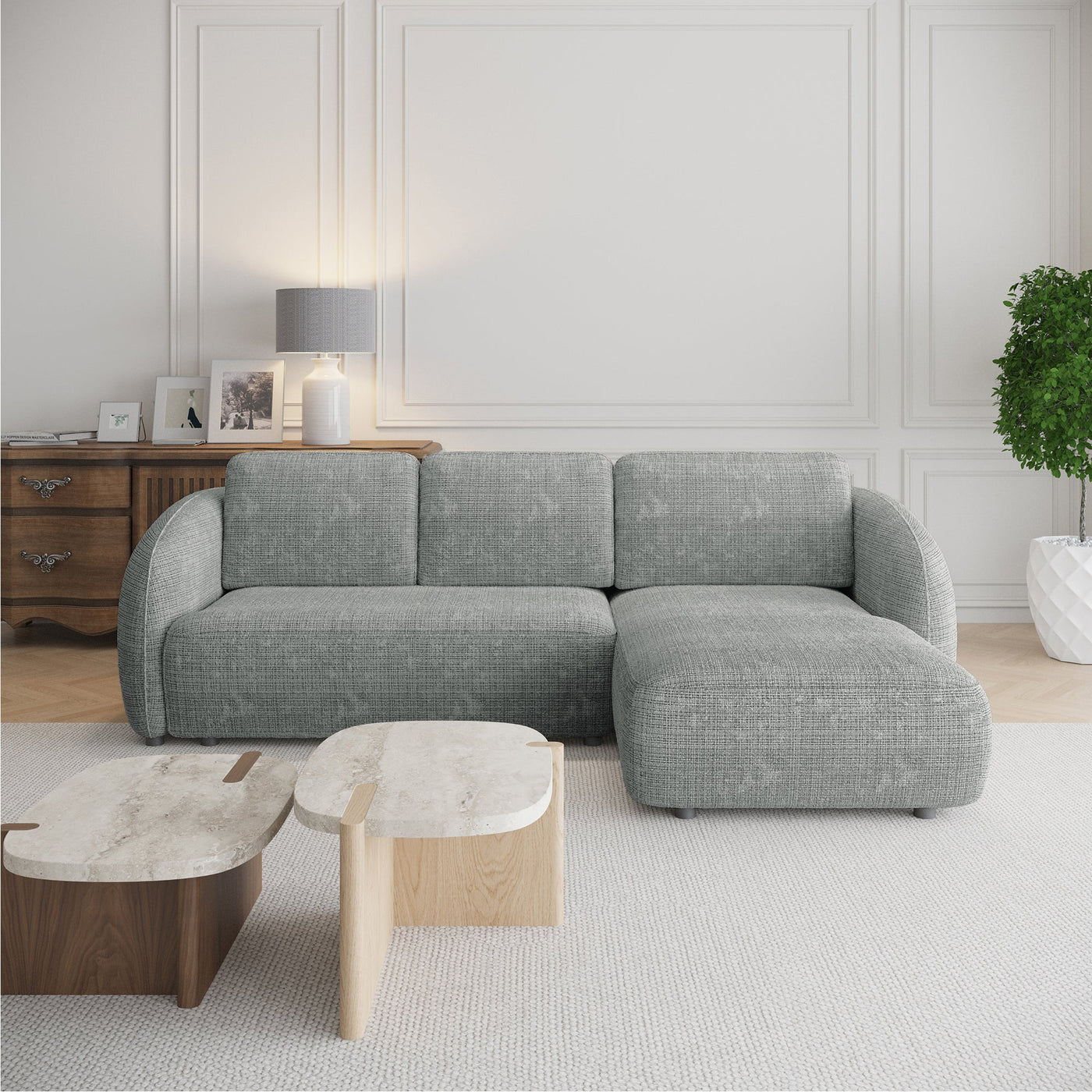 ALANYA Canapé d'angle convertible avec coffre en tissu gris - Angle droit - Canapé d'angle convertible - Mobilier Deco