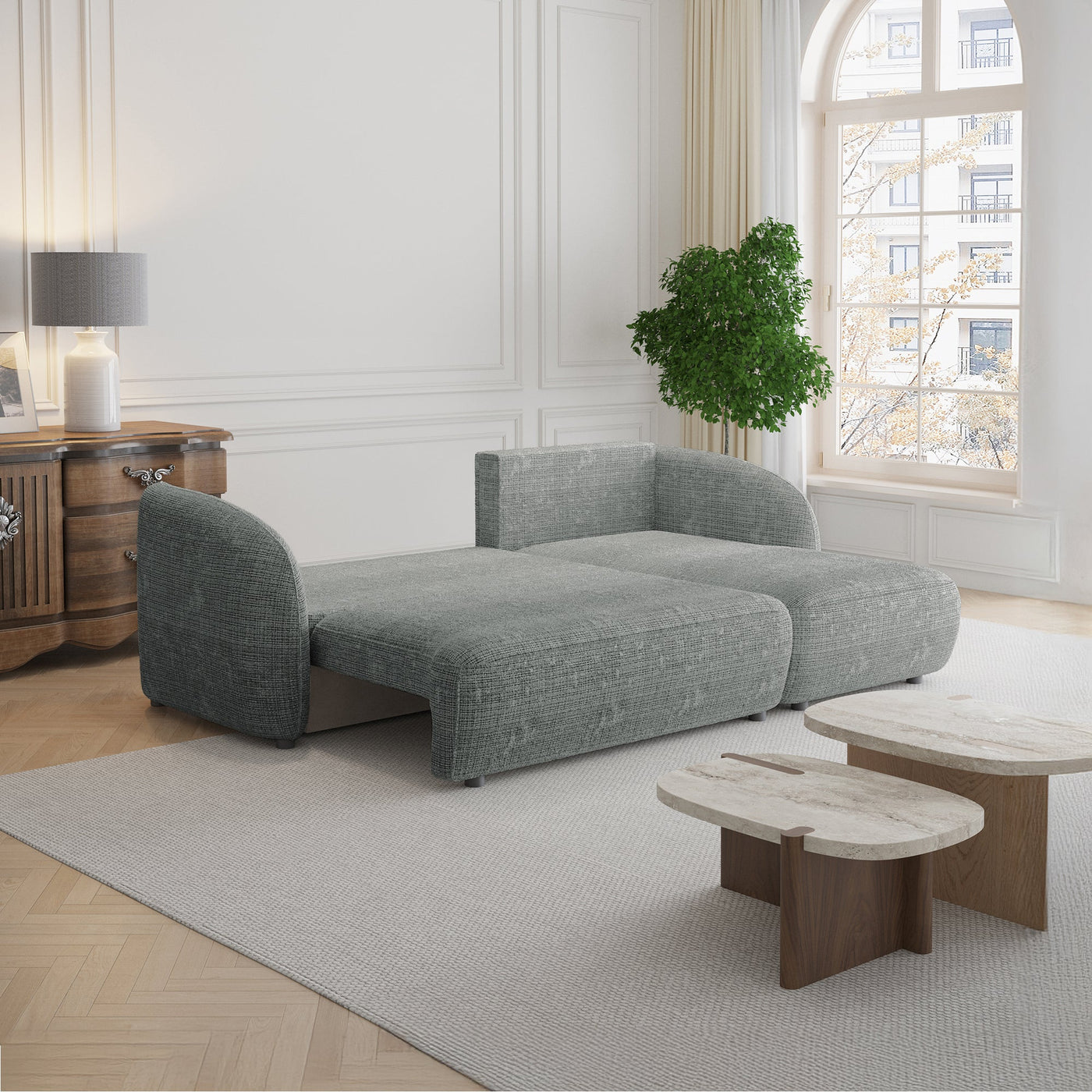 ALANYA Canapé d'angle convertible avec coffre en tissu gris - Angle droit - Canapé d'angle convertible - Mobilier Deco