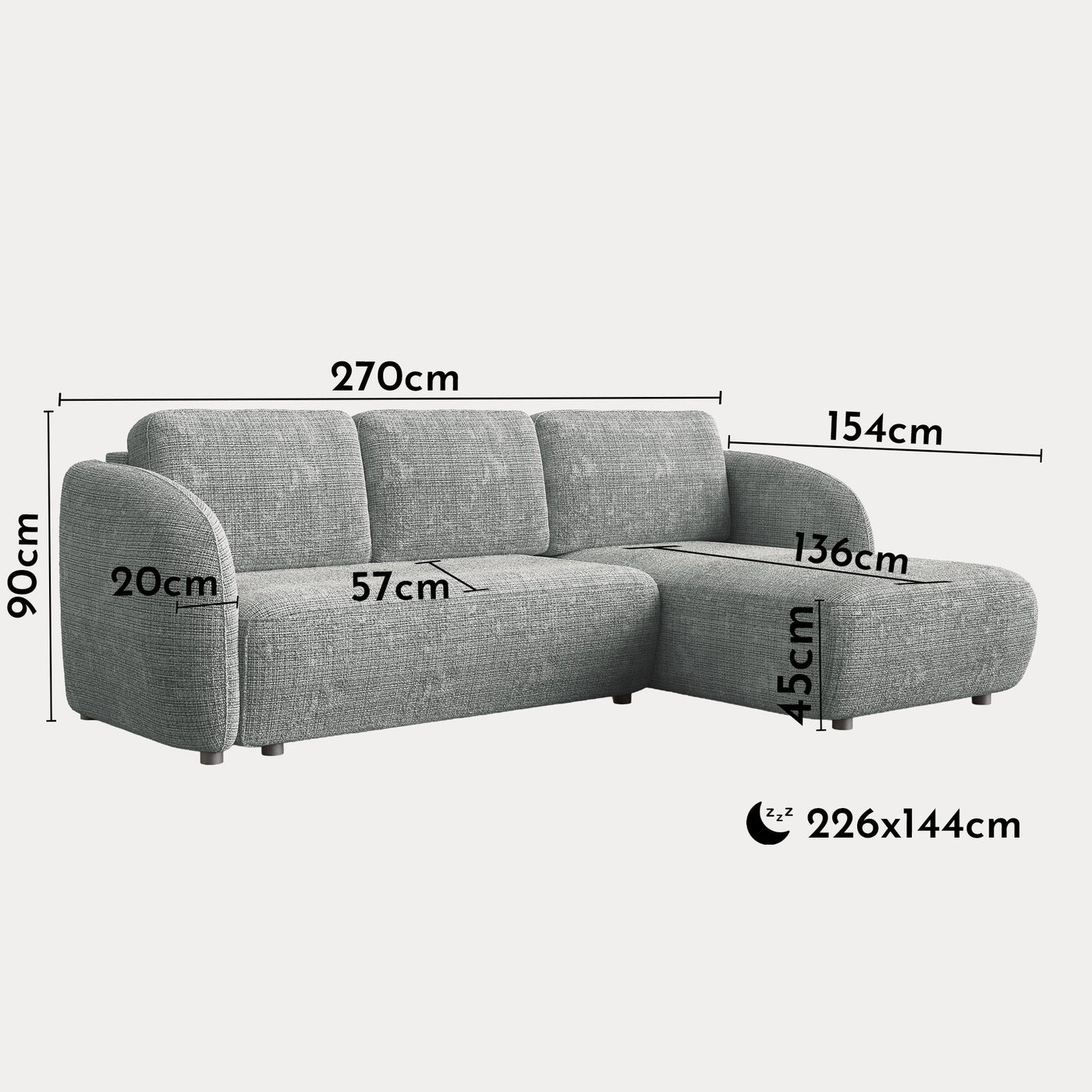 ALANYA Canapé d'angle convertible avec coffre en tissu gris - Angle droit - Canapé d'angle convertible - Mobilier Deco