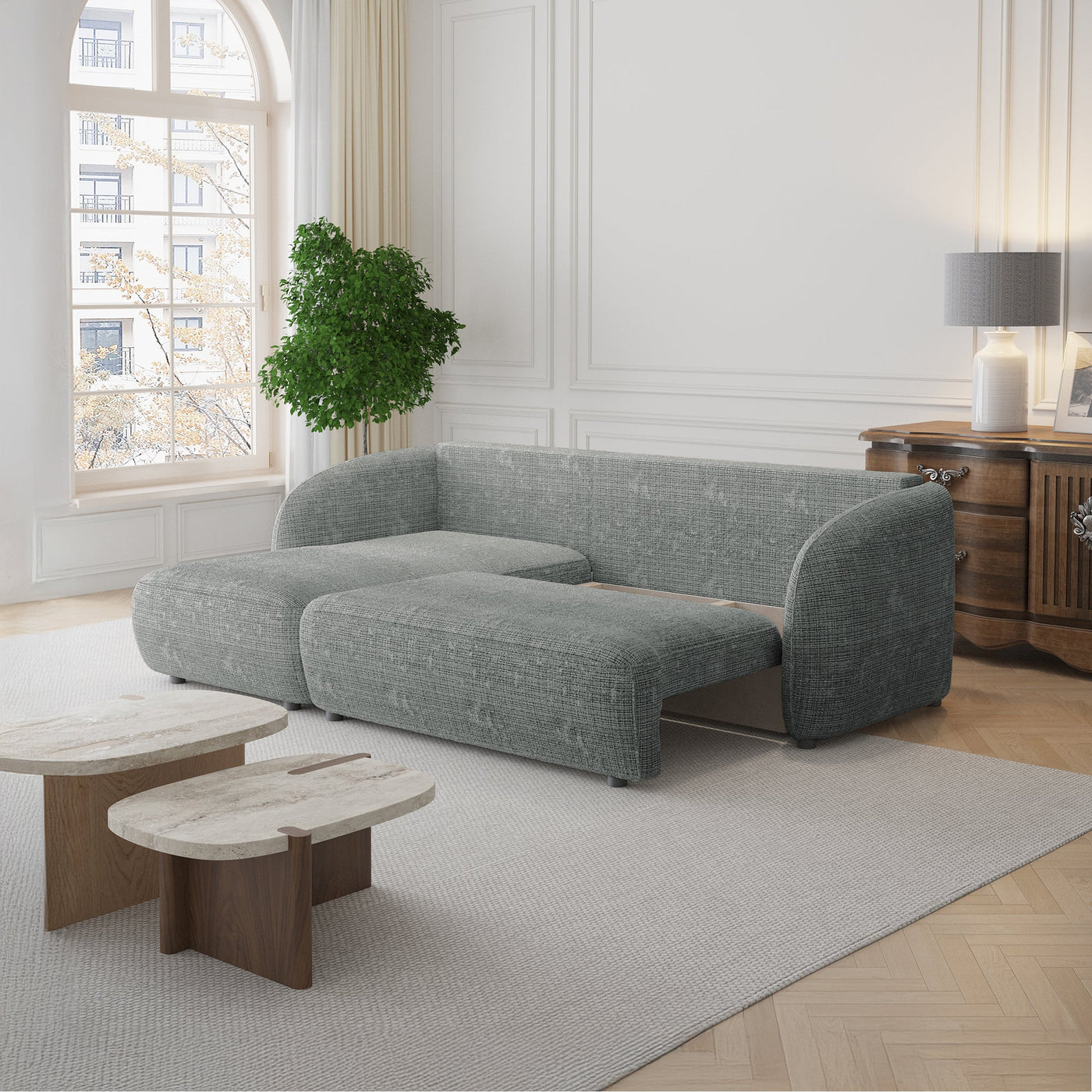ALANYA Canapé d'angle convertible avec coffre en tissu gris - Angle gauche - Canapé d'angle convertible - Mobilier Deco