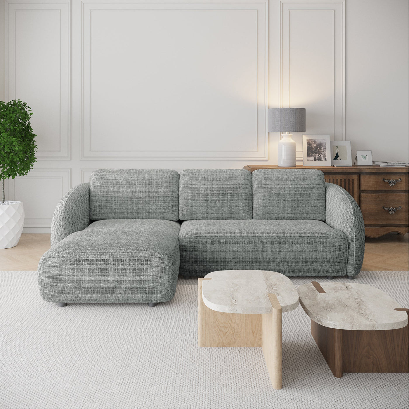 ALANYA Canapé d'angle convertible avec coffre en tissu gris - Angle gauche - Canapé d'angle convertible - Mobilier Deco