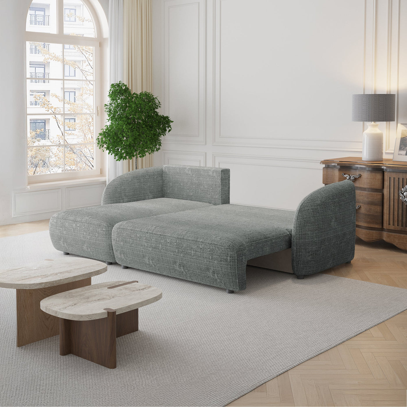 ALANYA Canapé d'angle convertible avec coffre en tissu gris - Angle gauche - Canapé d'angle convertible - Mobilier Deco