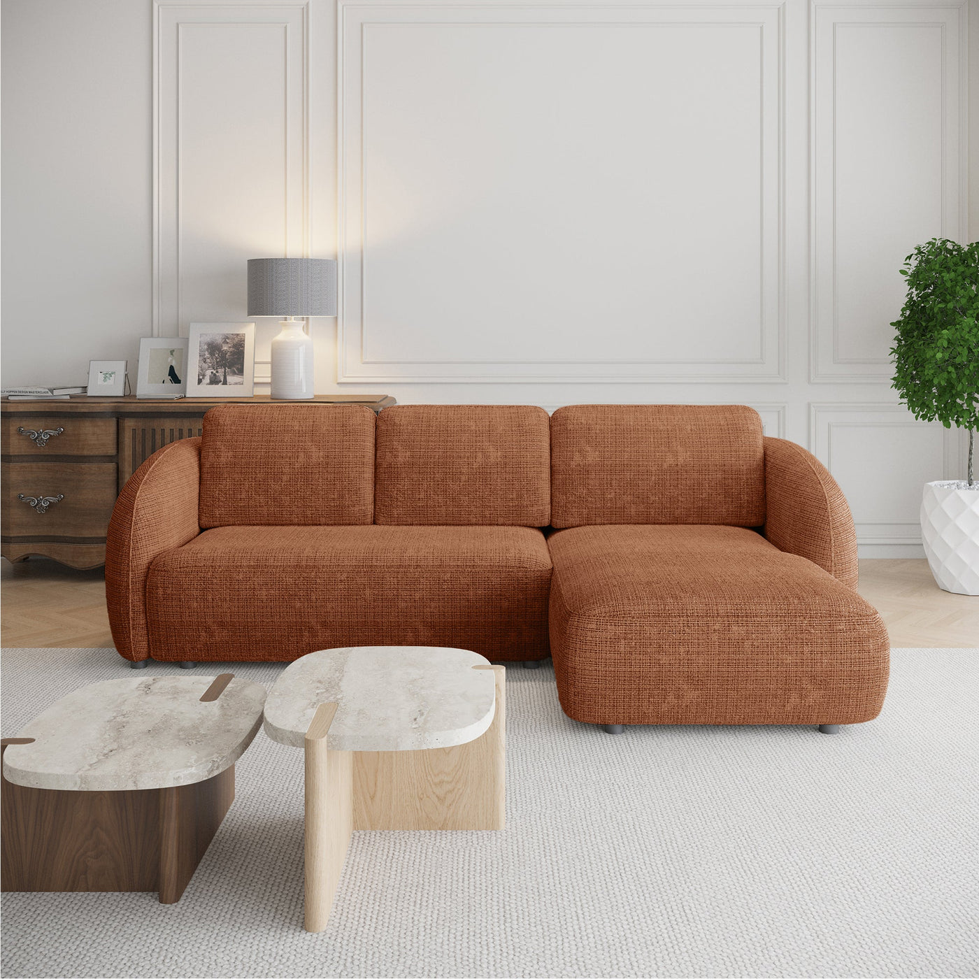 ALANYA Canapé d'angle convertible avec coffre en tissu orange - Angle droit - Canapé d'angle convertible - Mobilier Deco