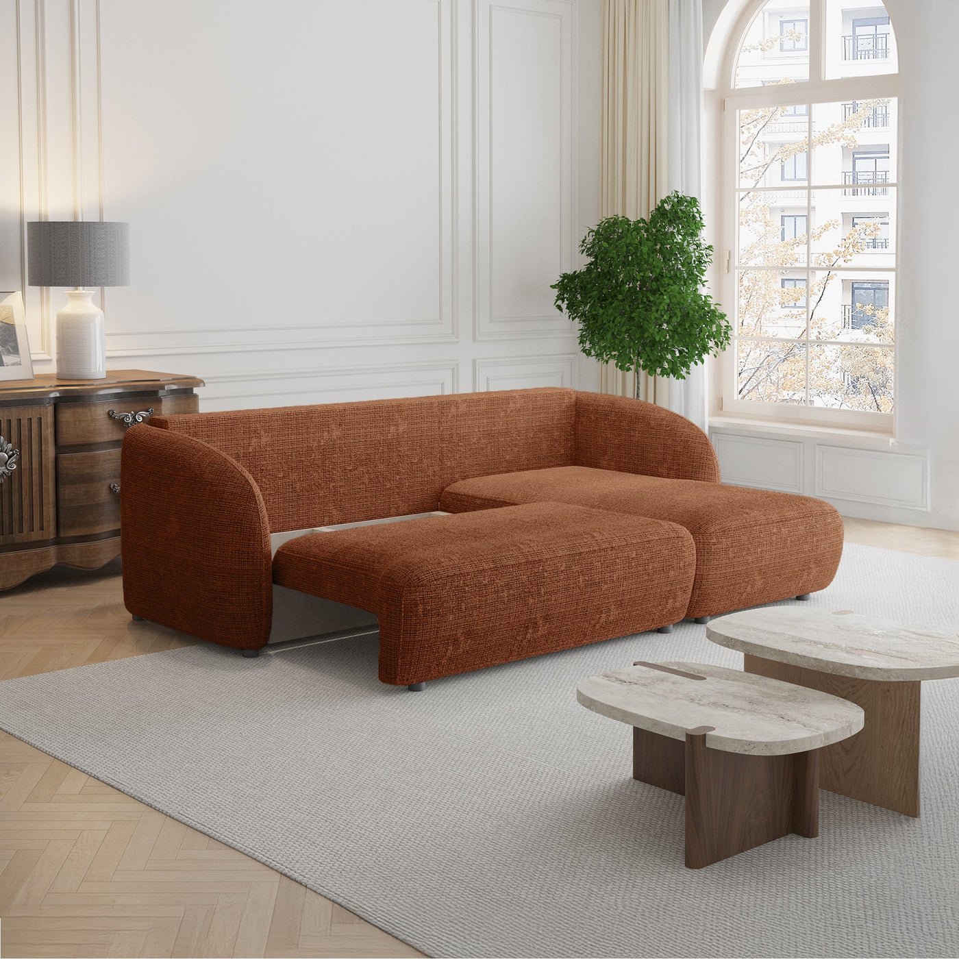 ALANYA Canapé d'angle convertible avec coffre en tissu orange - Angle droit - Canapé d'angle convertible - Mobilier Deco