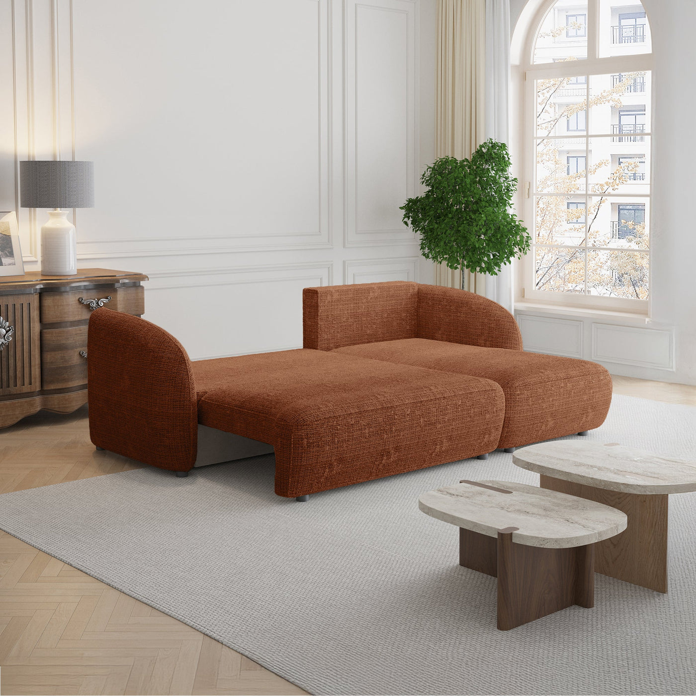 ALANYA Canapé d'angle convertible avec coffre en tissu orange - Angle droit - Canapé d'angle convertible - Mobilier Deco