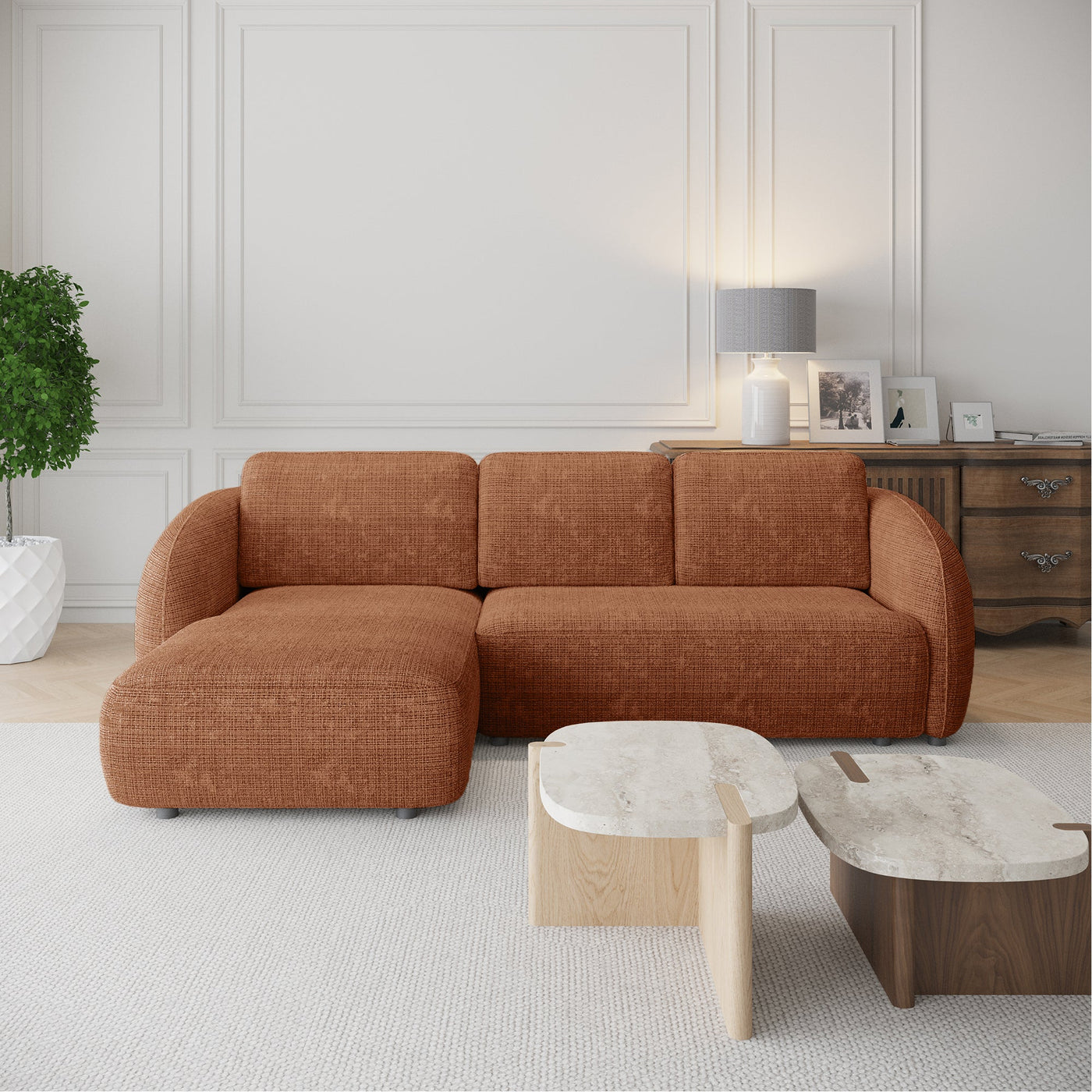 ALANYA Canapé d'angle convertible avec coffre en tissu orange - Angle gauche - Canapé d'angle convertible - Mobilier Deco