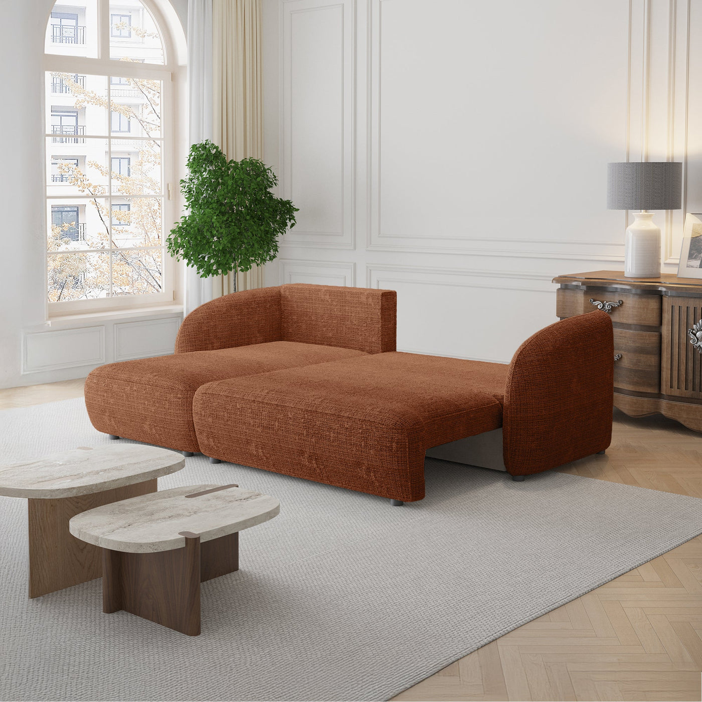 ALANYA Canapé d'angle convertible avec coffre en tissu orange - Angle gauche - Canapé d'angle convertible - Mobilier Deco