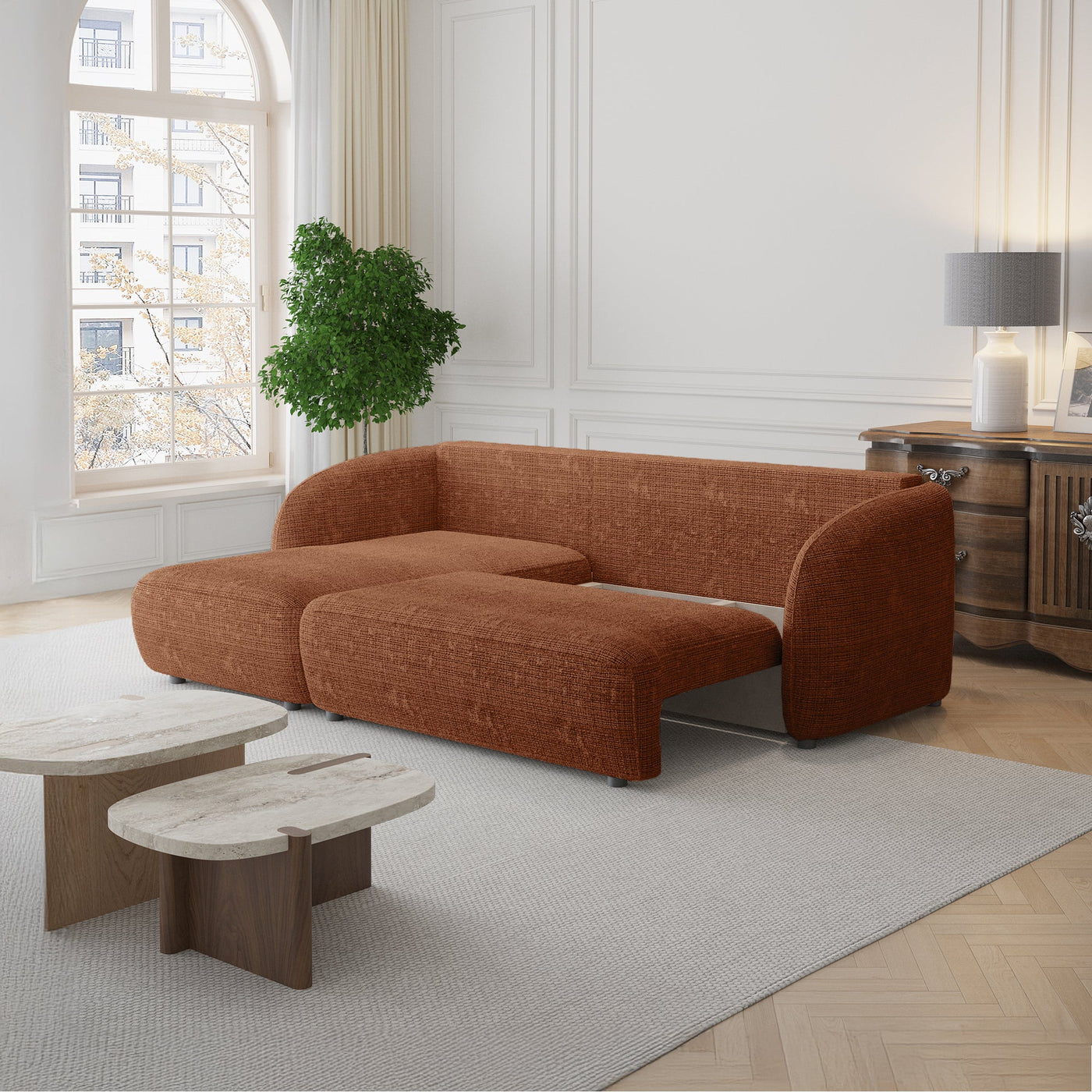 ALANYA Canapé d'angle convertible avec coffre en tissu orange - Angle gauche - Canapé d'angle convertible - Mobilier Deco