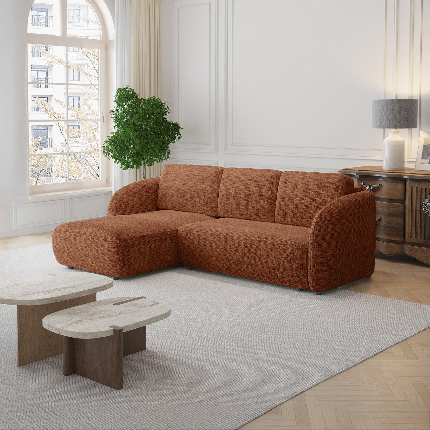 ALANYA Canapé d'angle convertible avec coffre en tissu orange - Angle gauche - Canapé d'angle convertible - Mobilier Deco