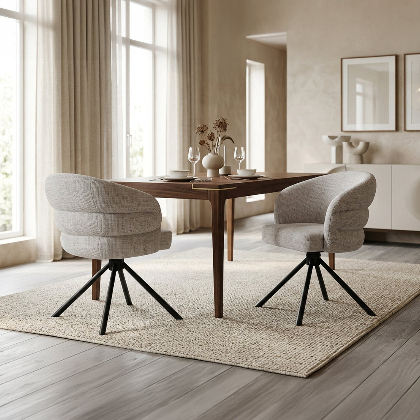 ALBANE Lot de 2 chaises pivotantes en tissu beige pieds en métal noir - Chaise de repas - Mobilier Deco