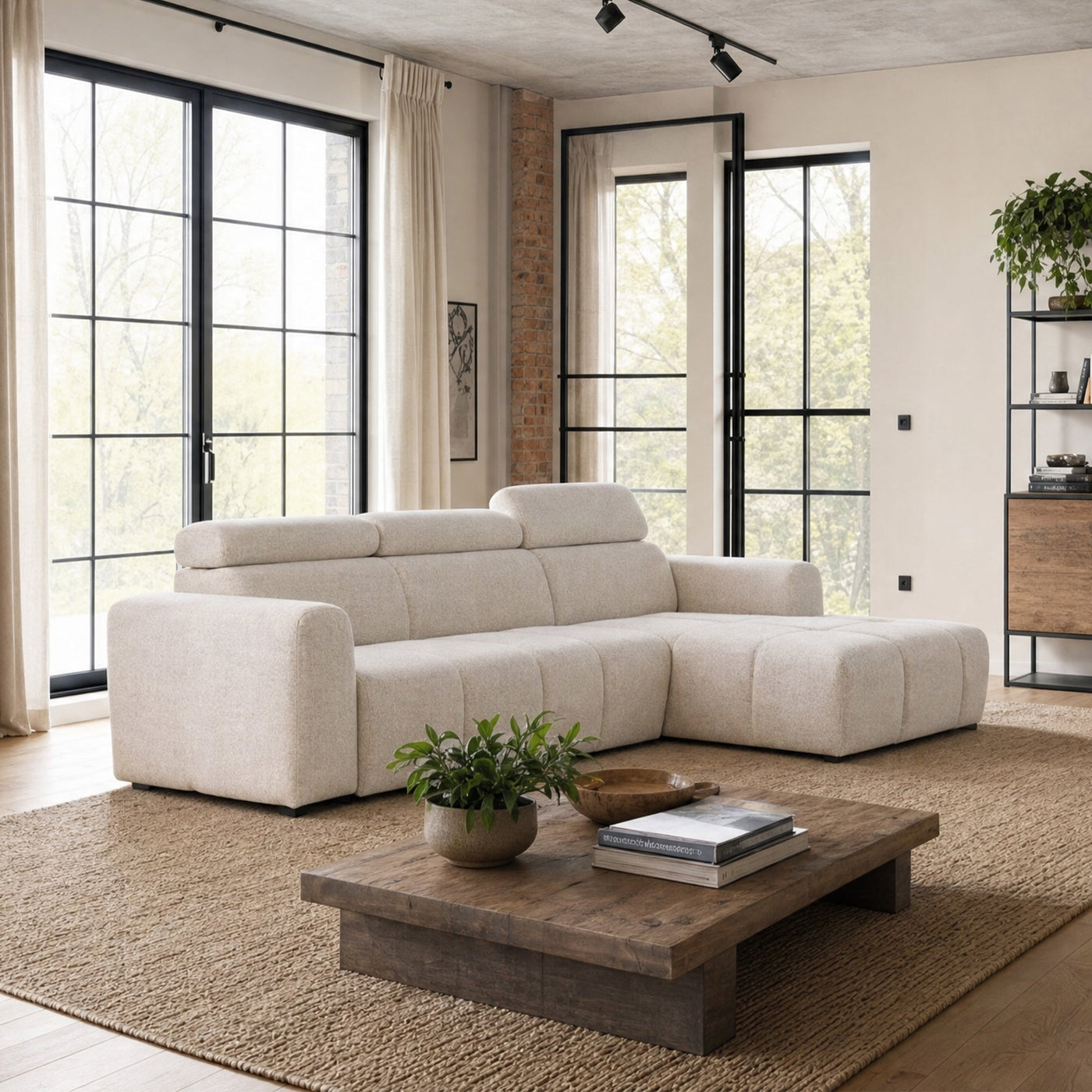 ALEXIA Canapé d'angle convertible avec têtières relevables en tissu beige - Angle droit - Canapé d'angle convertible - Mobilier Deco