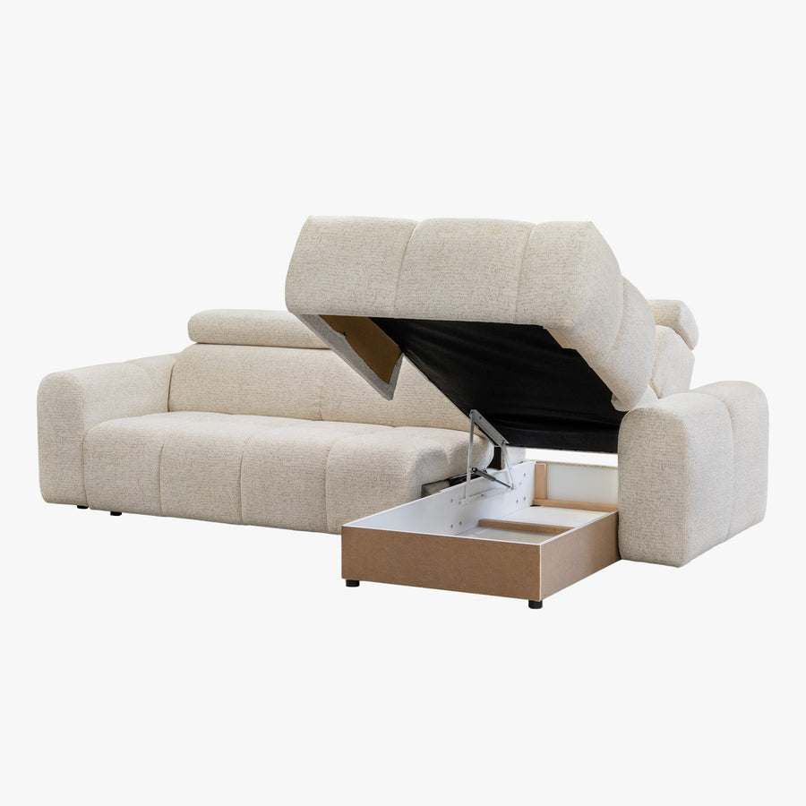 ALEXIA Canapé d'angle convertible avec têtières relevables en tissu beige - Angle droit — aperçu vidéo