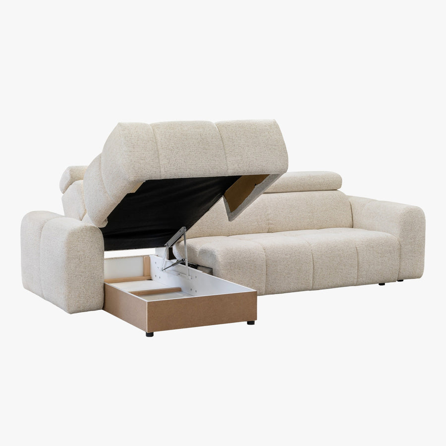 ALEXIA Canapé d'angle convertible avec têtières relevables en tissu beige - Angle gauche — aperçu vidéo