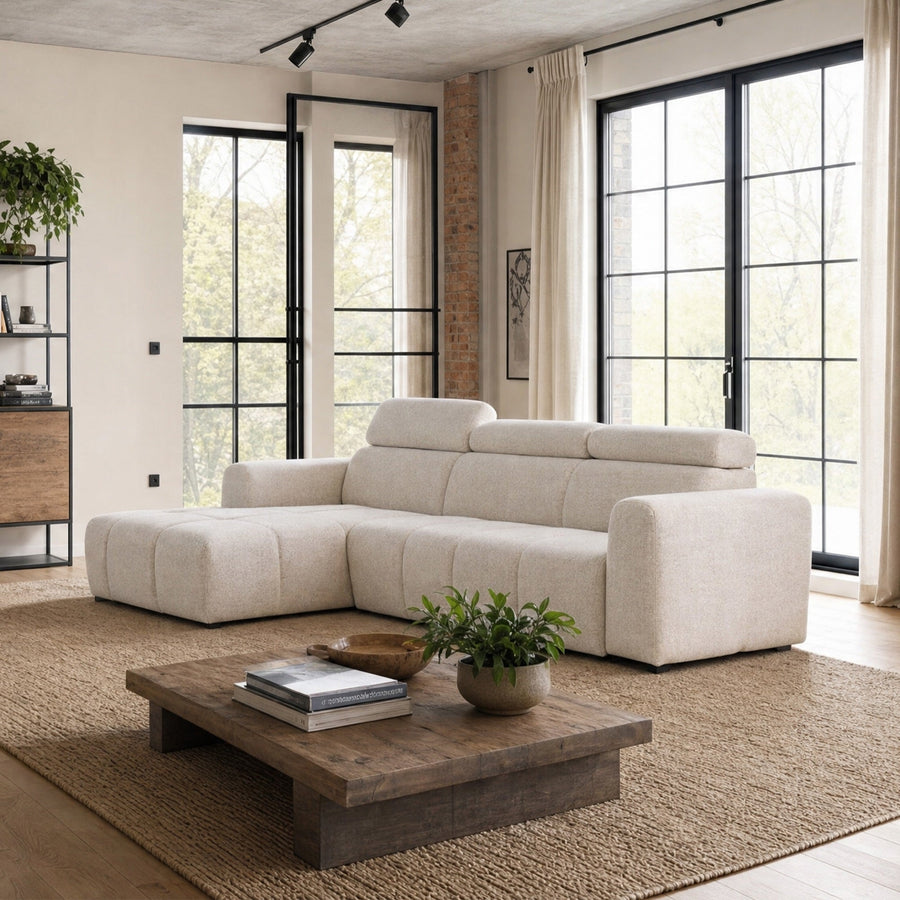ALEXIA Canapé d'angle convertible avec têtières relevables en tissu beige - Angle gauche — aperçu vidéo
