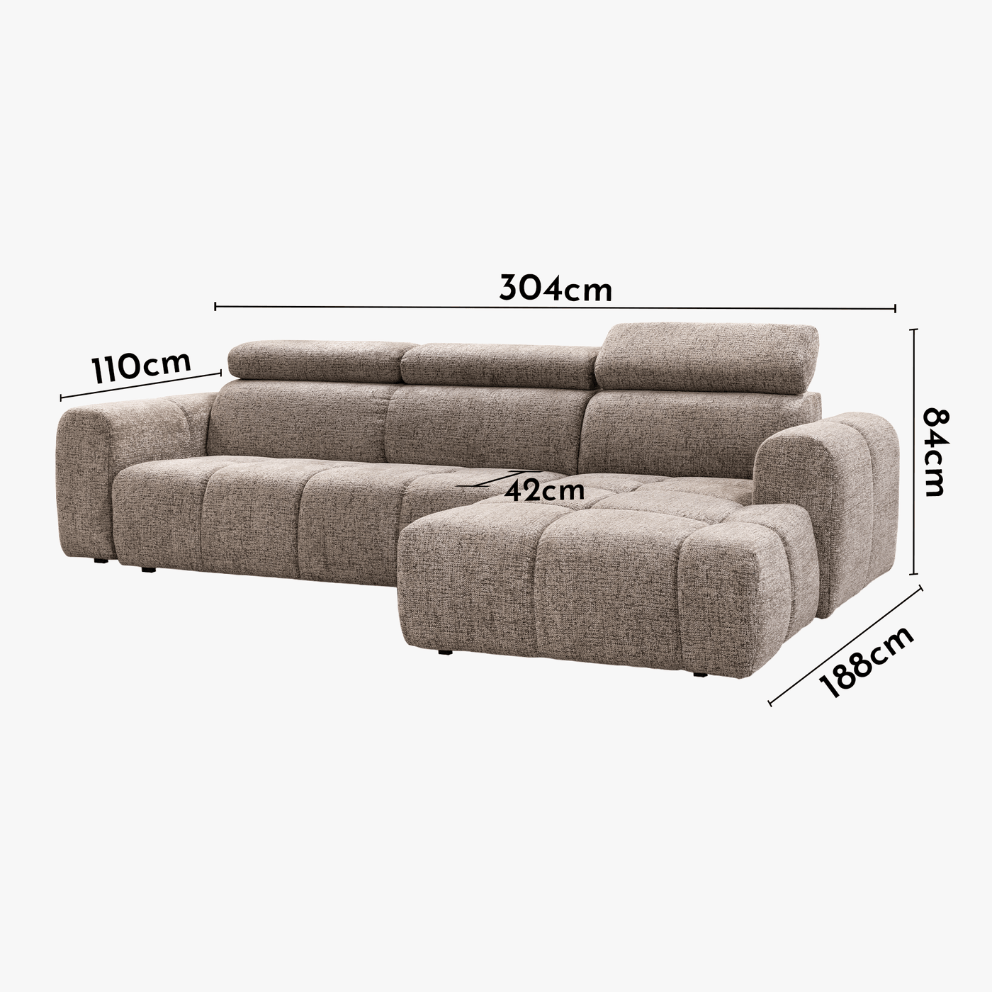 ALEXIA Canapé d'angle convertible avec têtières relevables en tissu taupe - Angle droit - Canapé d'angle convertible - Mobilier Deco