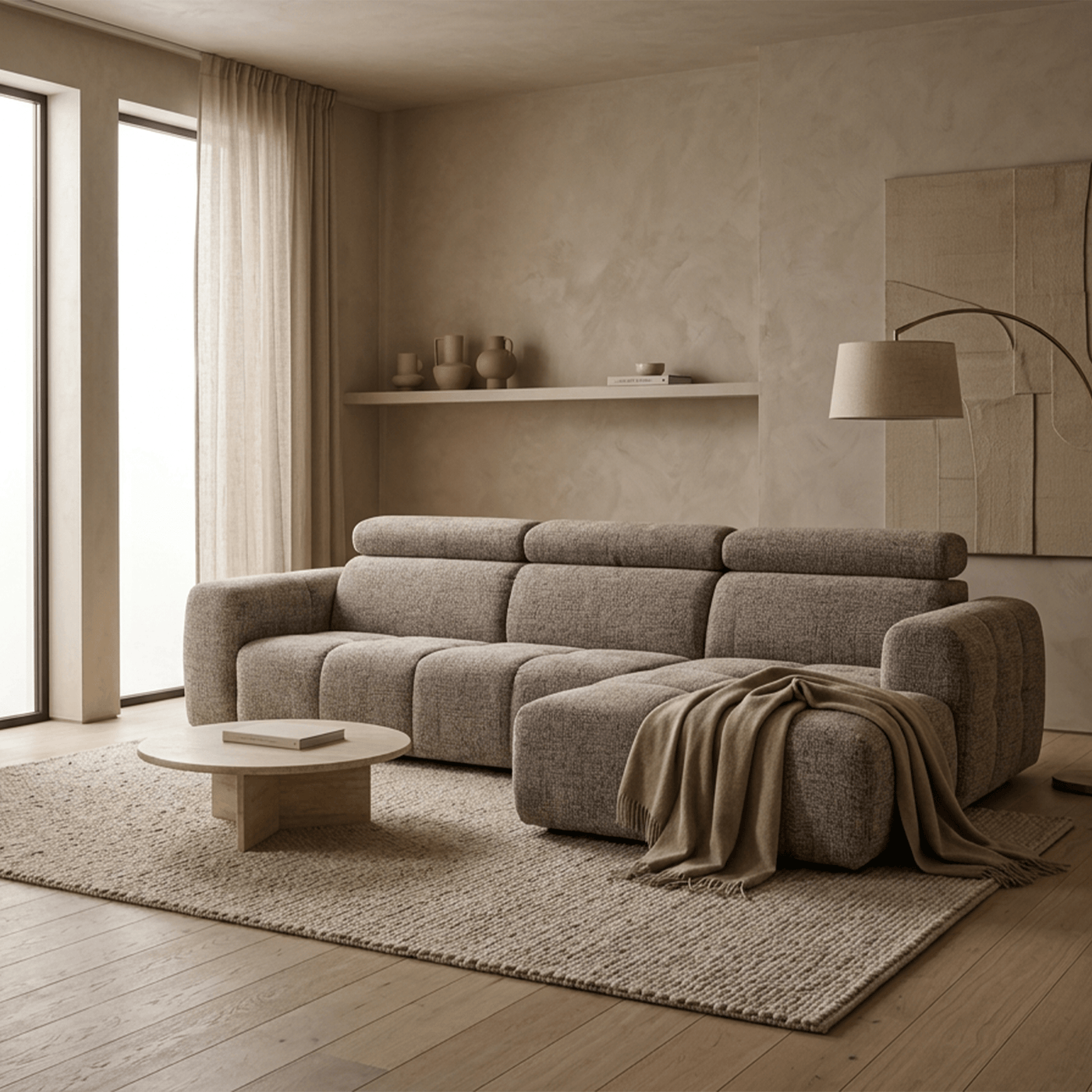 ALEXIA Canapé d'angle convertible avec têtières relevables en tissu taupe - Angle droit - Canapé d'angle convertible - Mobilier Deco