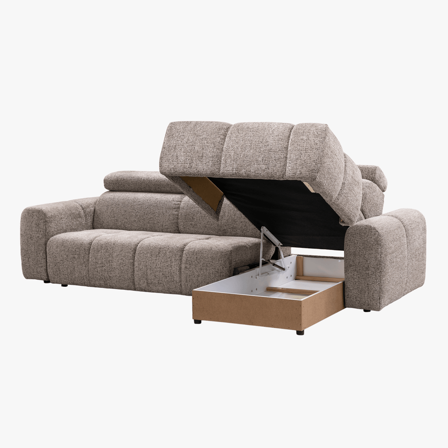 ALEXIA Canapé d'angle convertible avec têtières relevables en tissu taupe - Angle droit — aperçu vidéo