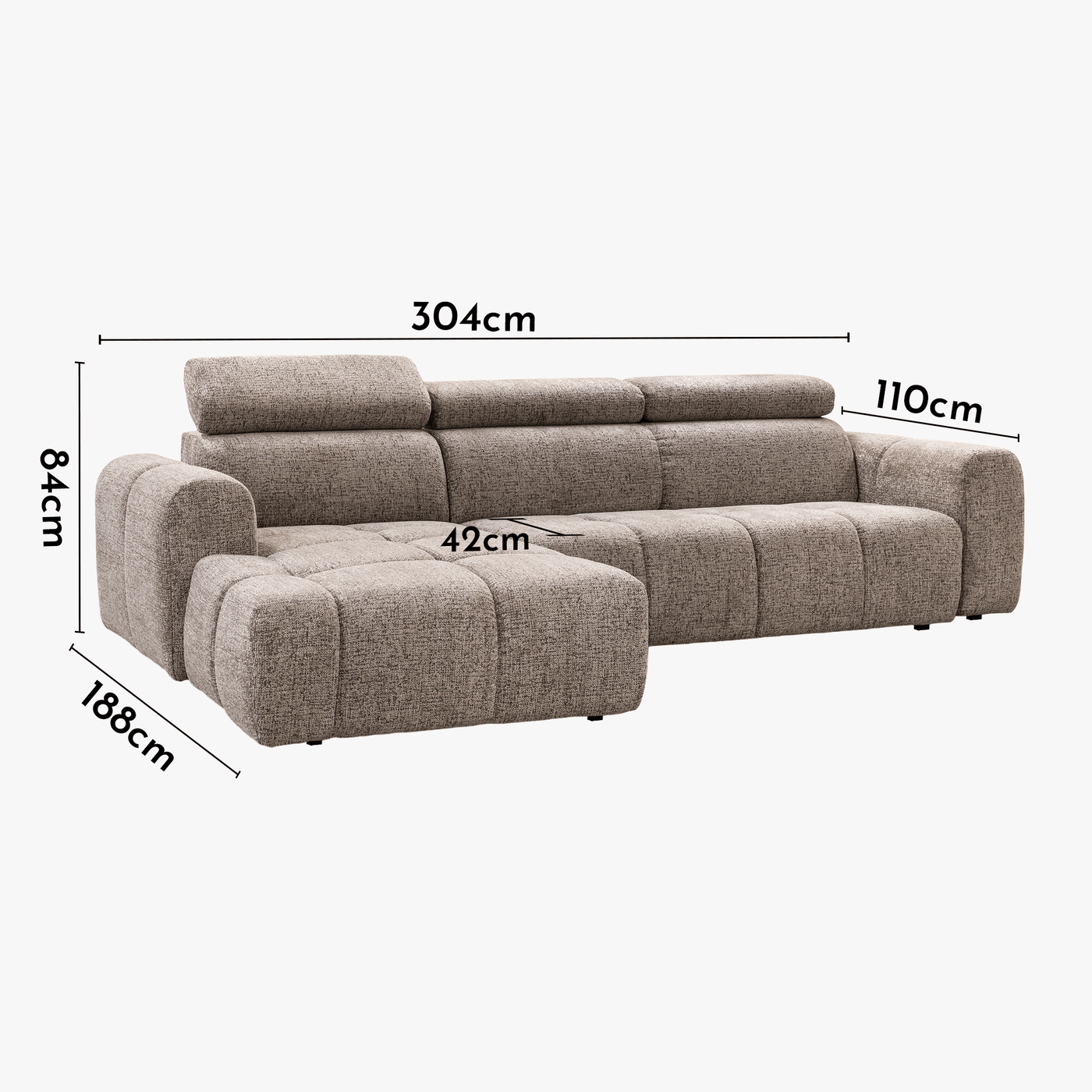 ALEXIA Canapé d'angle convertible avec têtières relevables en tissu taupe - Angle gauche - Canapé d'angle convertible
