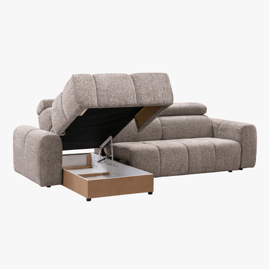 ALEXIA Canapé d'angle convertible avec têtières relevables en tissu taupe - Angle gauche — aperçu vidéo