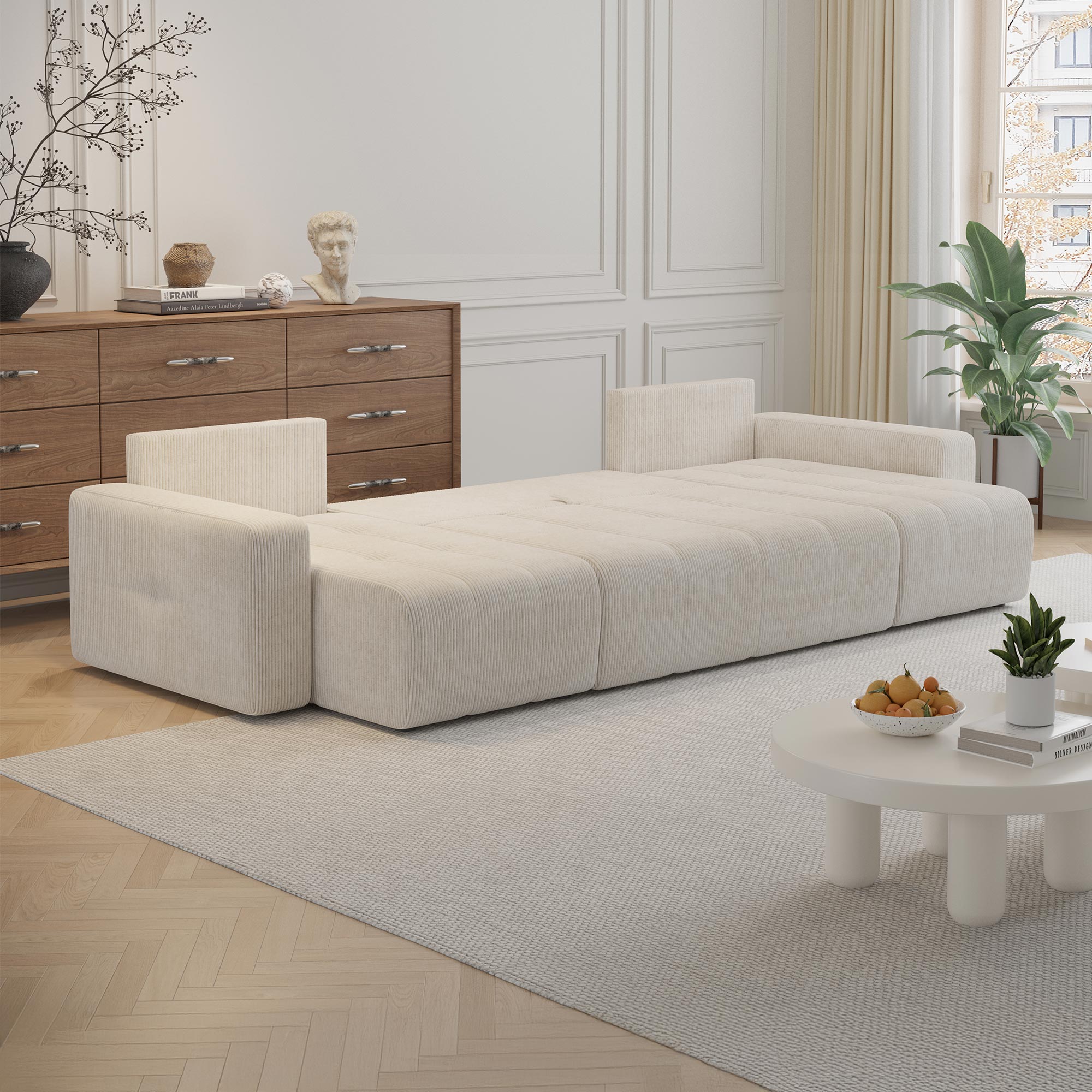 ALICIA Canapé panoramique convertible avec coffre en velours côtelé beige - Canapés panoramiques - Mobilier Deco