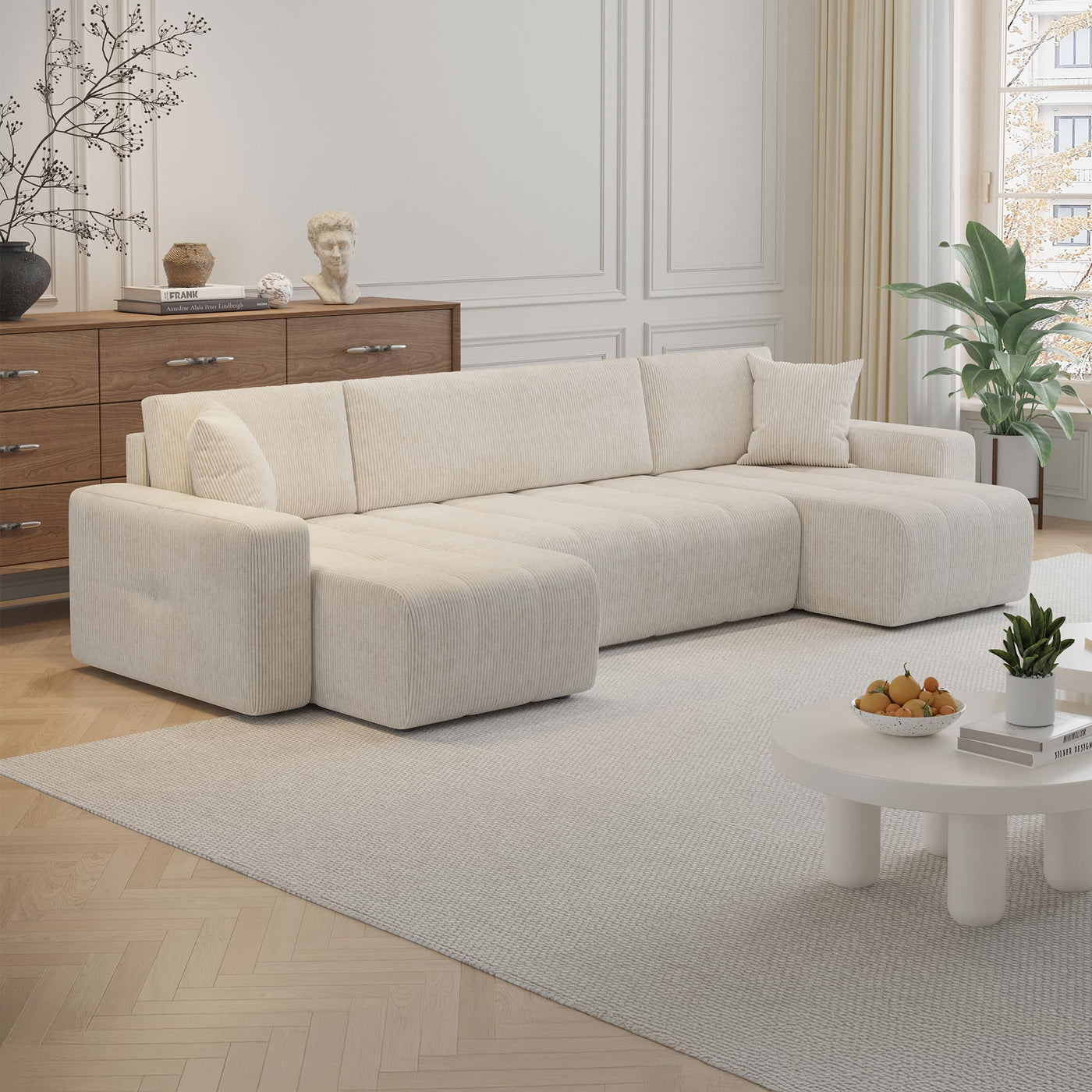 ALICIA Canapé panoramique convertible avec coffre en velours côtelé beige - Canapés panoramiques - Mobilier Deco