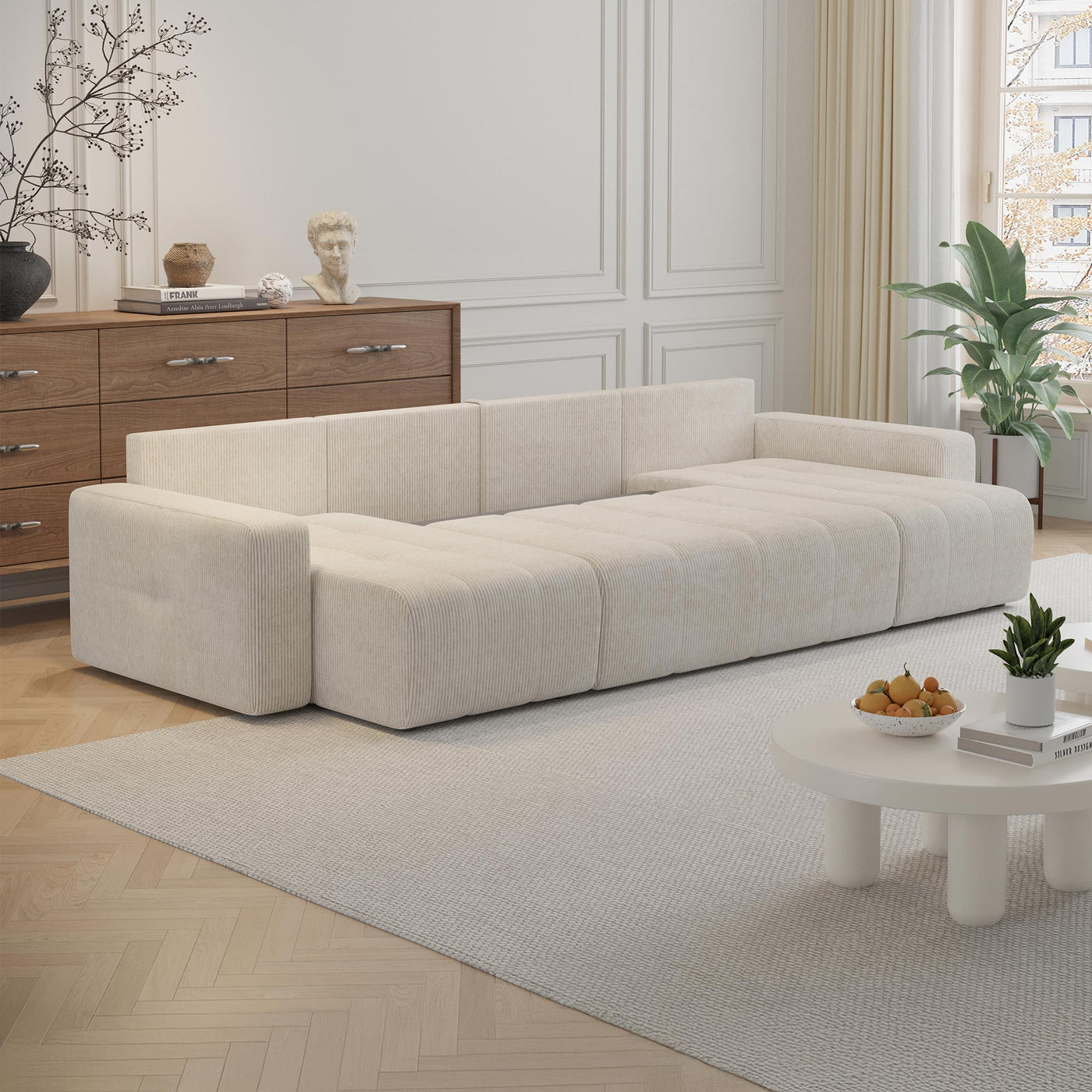 ALICIA Canapé panoramique convertible avec coffre en velours côtelé beige - Canapés panoramiques - Mobilier Deco
