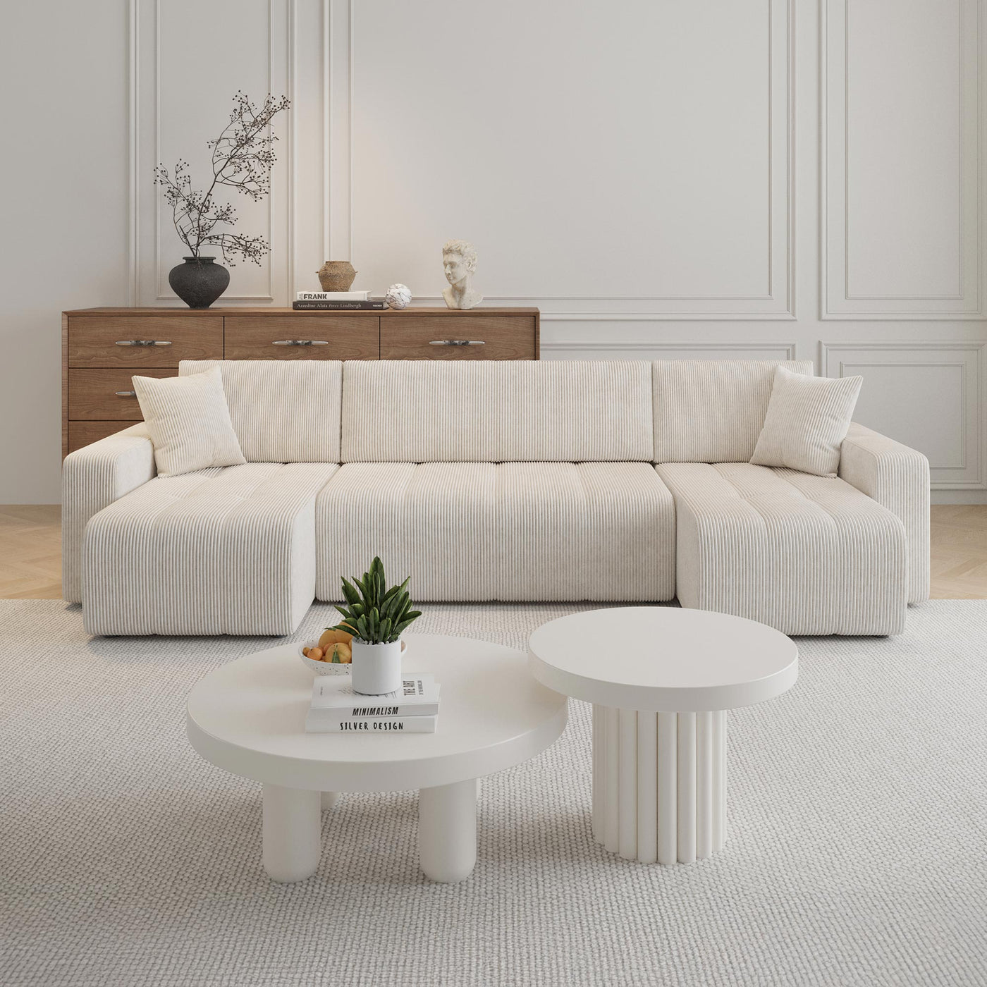 ALICIA Canapé panoramique convertible avec coffre en velours côtelé beige - Canapés panoramiques - Mobilier Deco