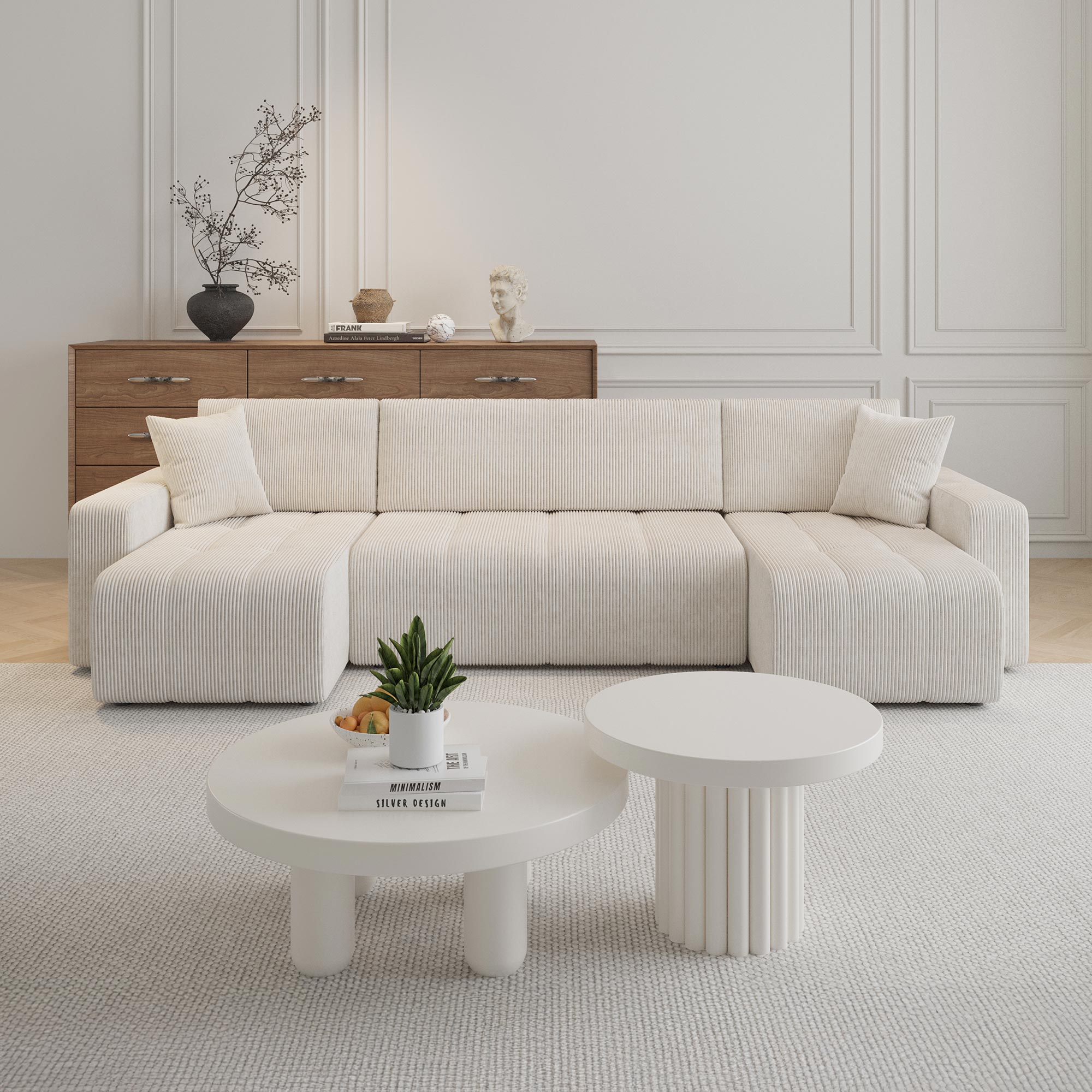 ALICIA Canapé panoramique convertible avec coffre en velours côtelé beige - Canapés panoramiques - Mobilier Deco