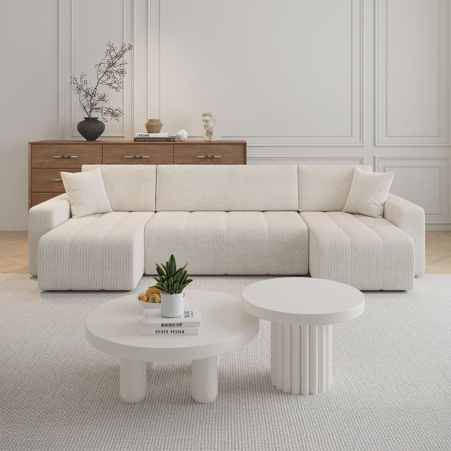 ALICIA Canapé panoramique convertible avec coffre en velours côtelé beige — aperçu vidéo