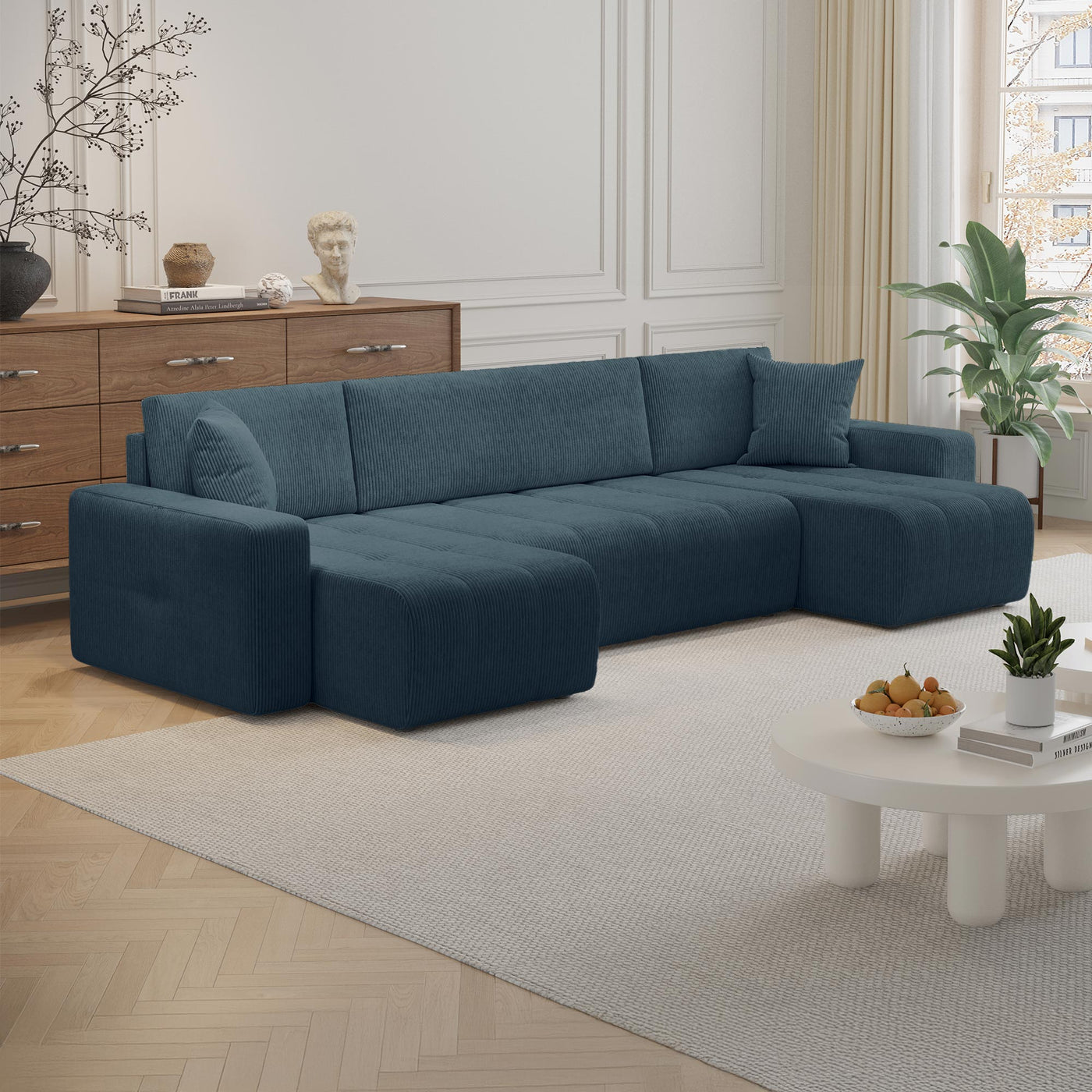 ALICIA Canapé panoramique convertible avec coffre en velours côtelé bleu - Canapés panoramiques - Mobilier Deco
