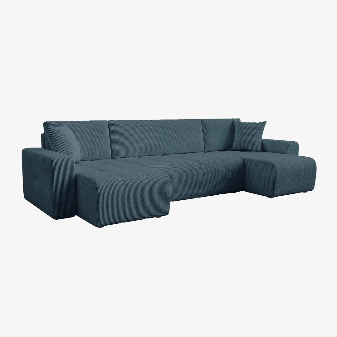 ALICIA Canapé panoramique convertible avec coffre en velours côtelé bleu - Canapés panoramiques - Mobilier Deco