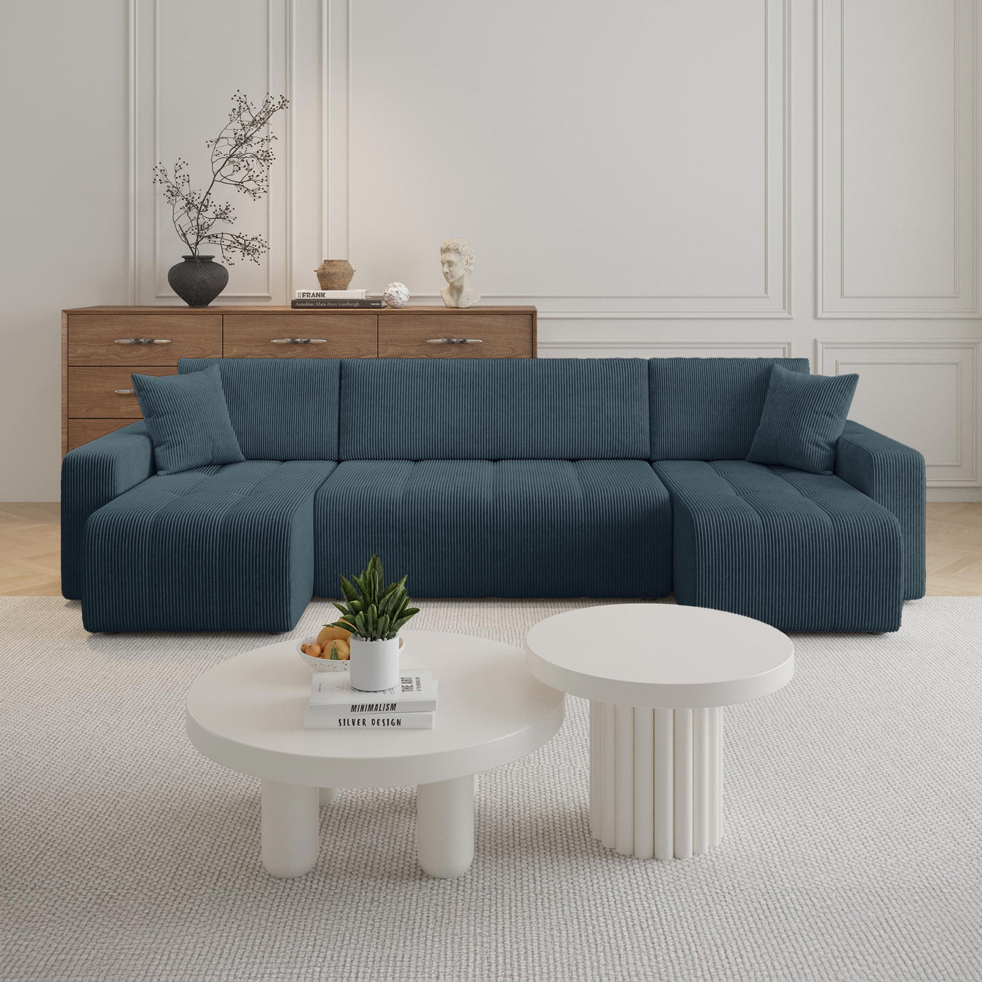 ALICIA Canapé panoramique convertible avec coffre en velours côtelé bleu - Canapés panoramiques - Mobilier Deco
