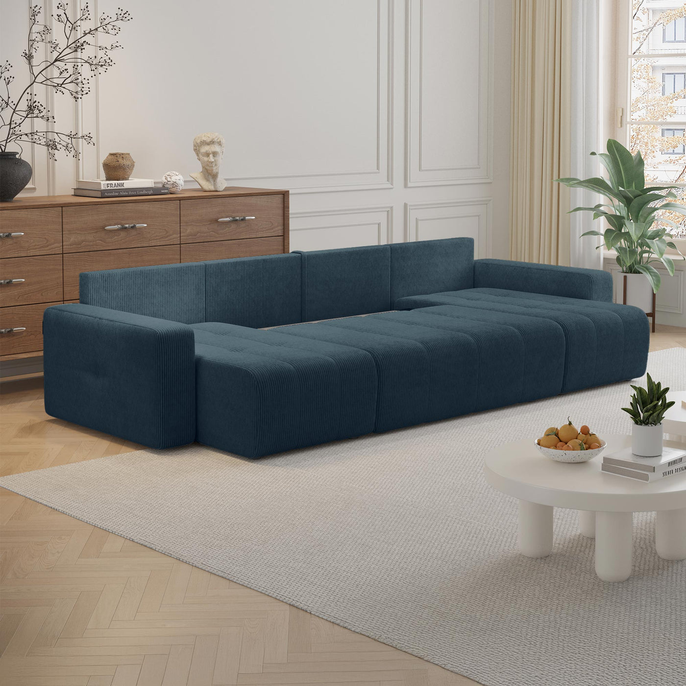 ALICIA Canapé panoramique convertible avec coffre en velours côtelé bleu - Canapés panoramiques - Mobilier Deco