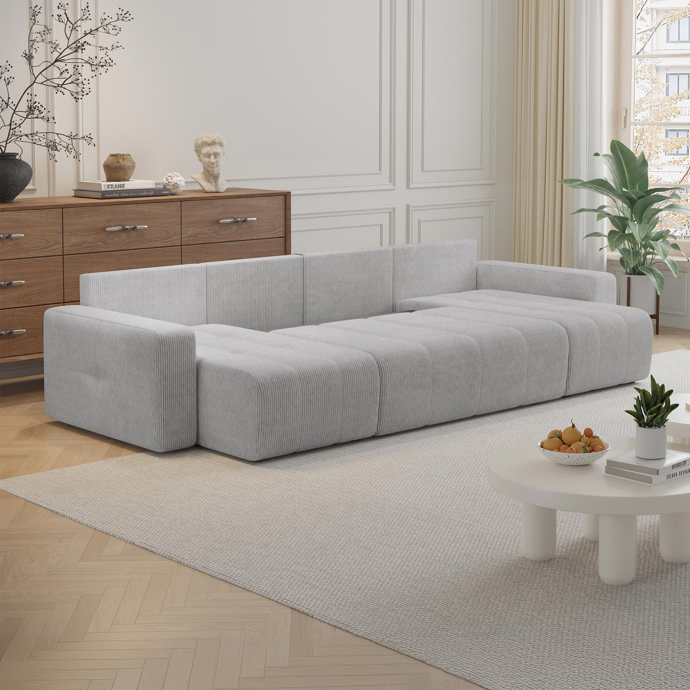 ALICIA Canapé panoramique convertible avec coffre en velours côtelé gris clair - Canapés panoramiques - Mobilier Deco