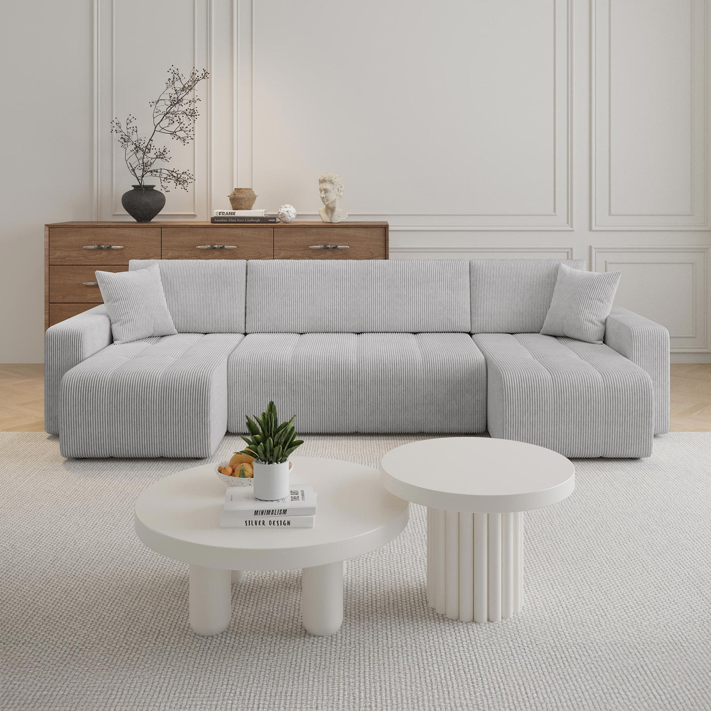 ALICIA Canapé panoramique convertible avec coffre en velours côtelé gris clair - Canapés panoramiques - Mobilier Deco