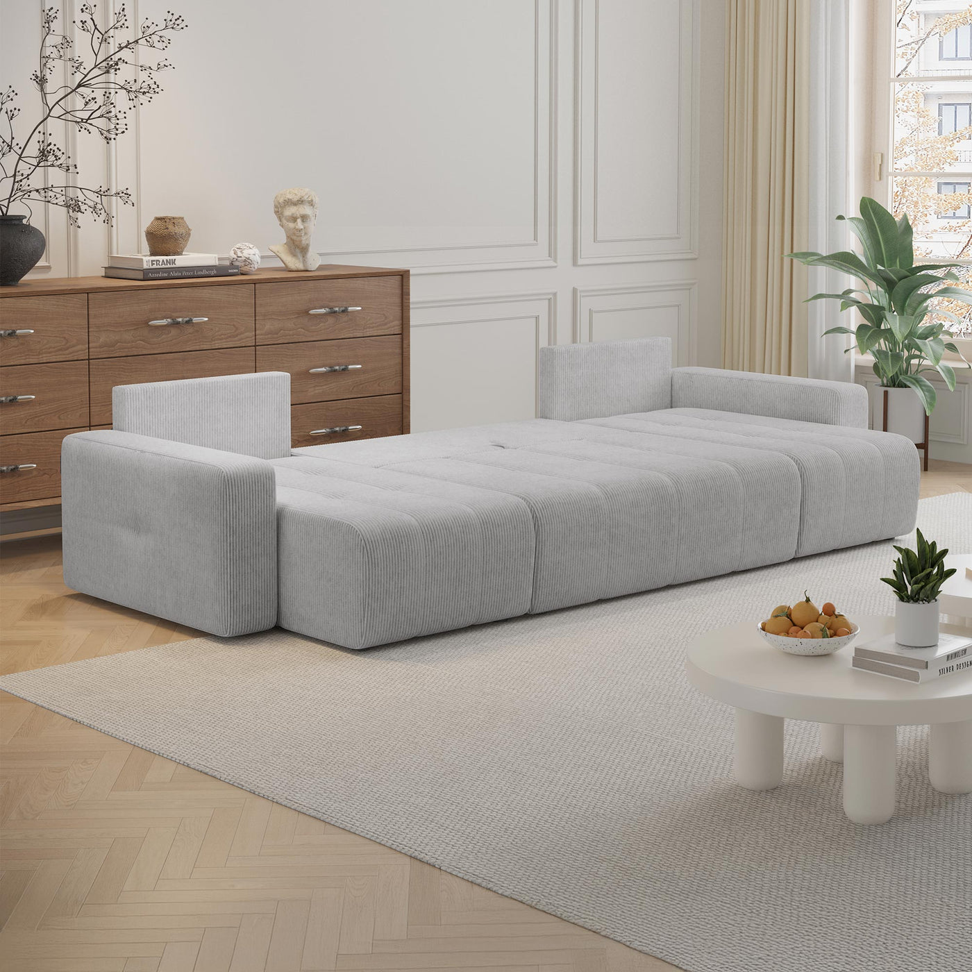 ALICIA Canapé panoramique convertible avec coffre en velours côtelé gris clair - Canapés panoramiques - Mobilier Deco