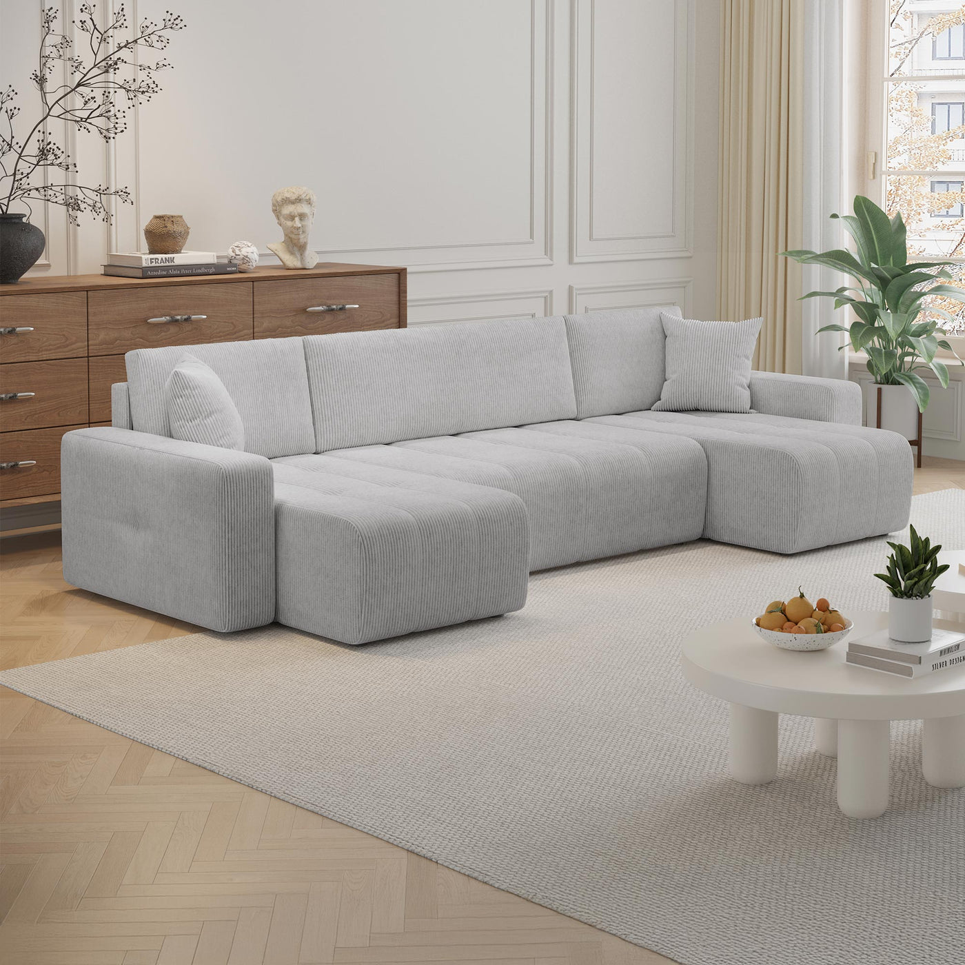 ALICIA Canapé panoramique convertible avec coffre en velours côtelé gris clair - Canapés panoramiques - Mobilier Deco