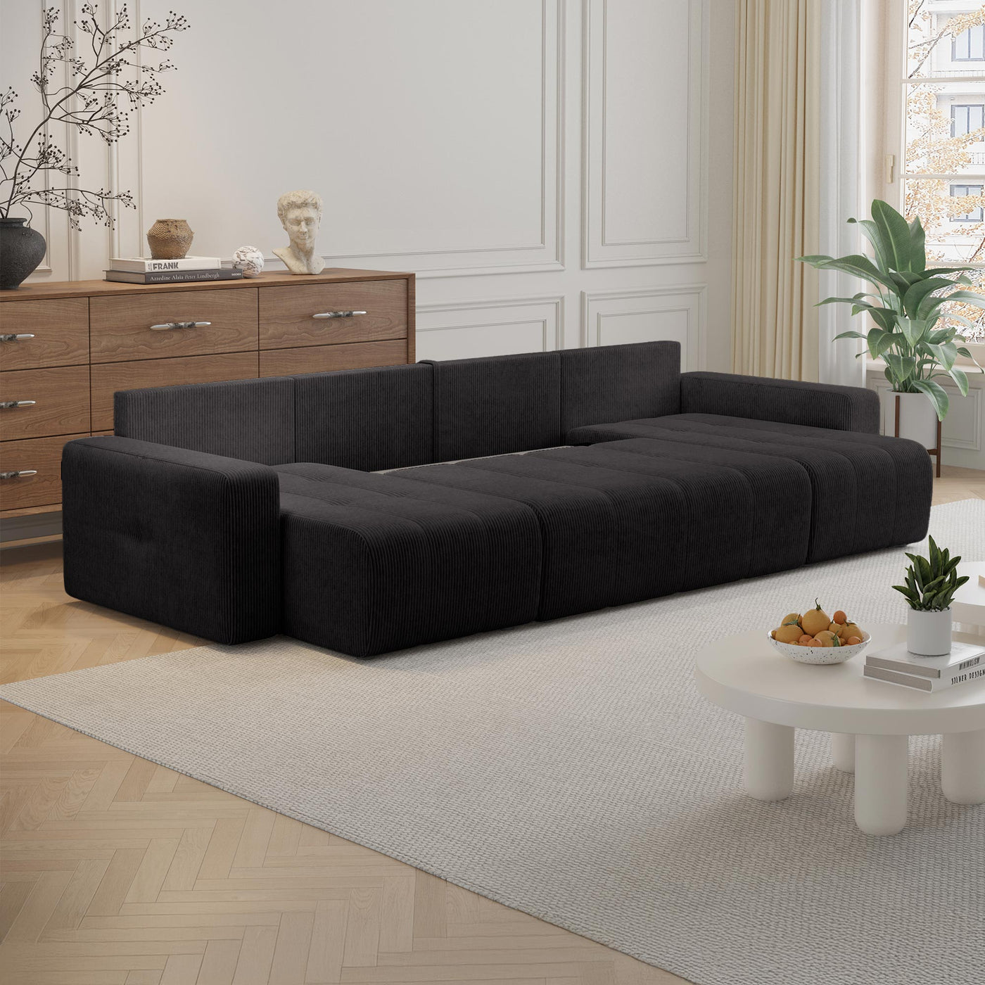 ALICIA Canapé panoramique convertible avec coffre en velours côtelé gris foncé - Canapés panoramiques - Mobilier Deco
