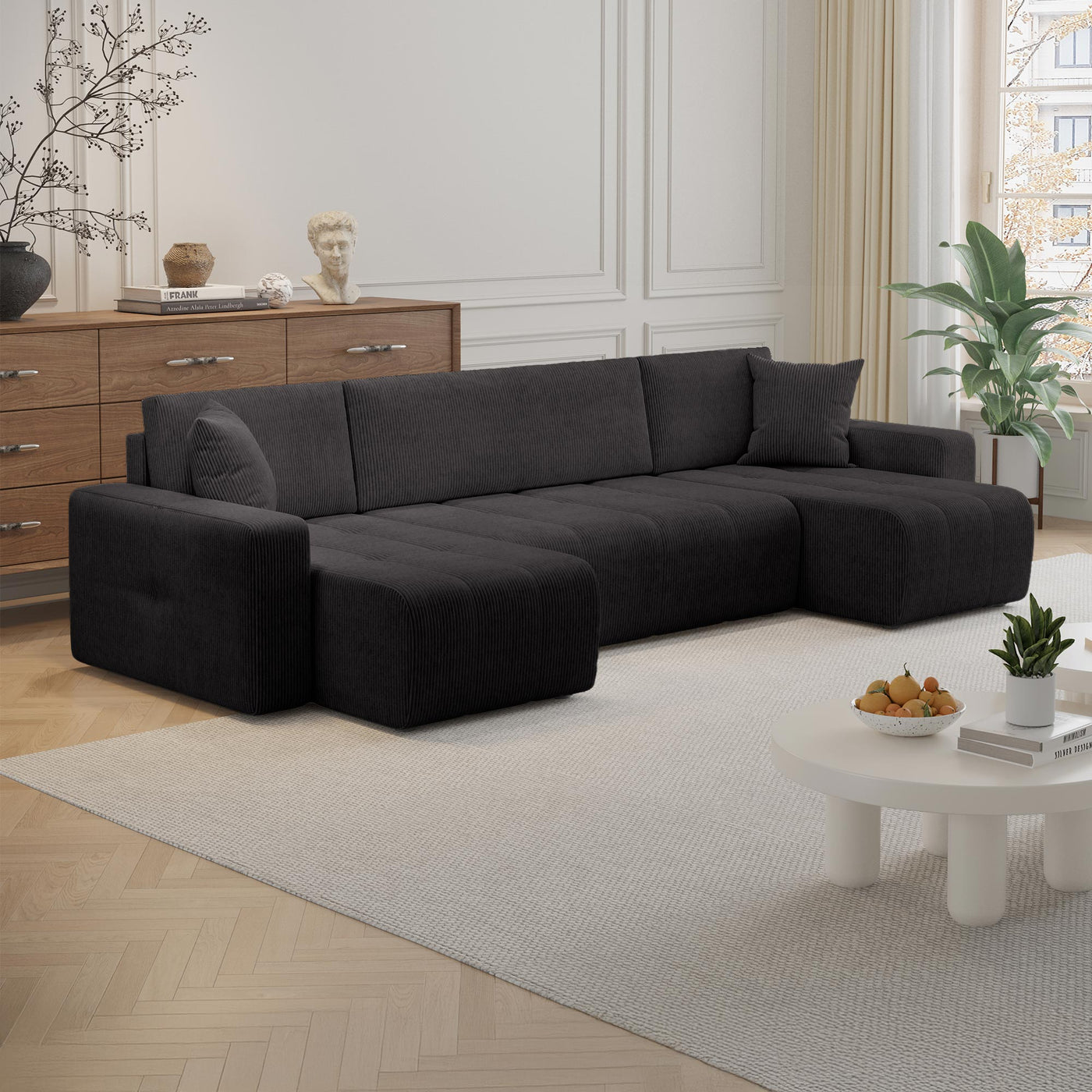 ALICIA Canapé panoramique convertible avec coffre en velours côtelé gris foncé - Canapés panoramiques - Mobilier Deco