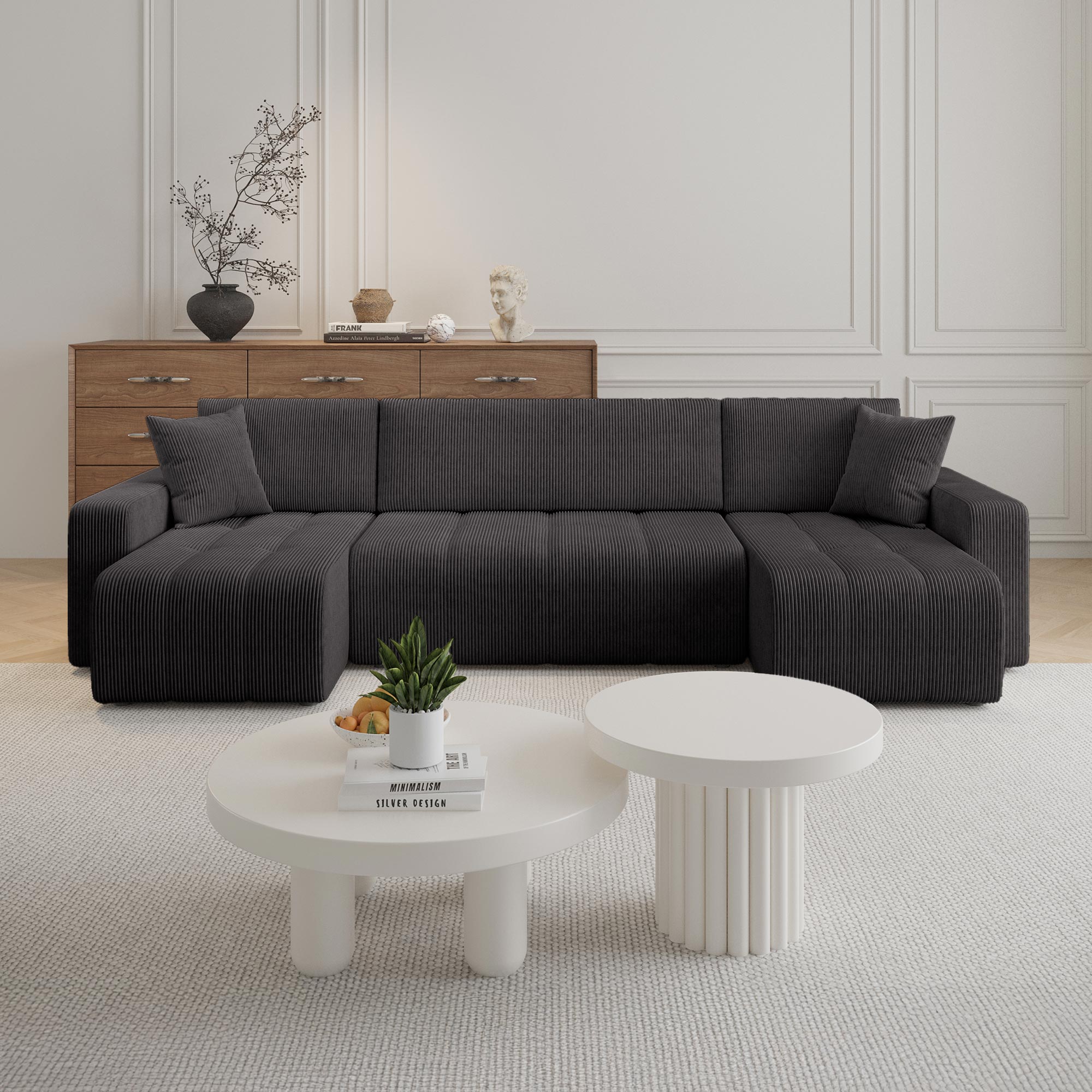 ALICIA Canapé panoramique convertible avec coffre en velours côtelé gris foncé - Canapés panoramiques - Mobilier Deco