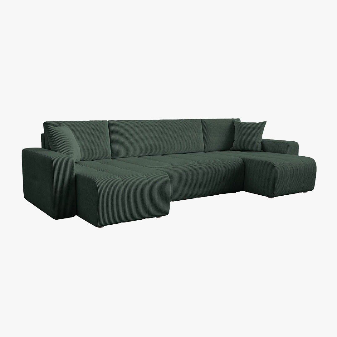 ALICIA Canapé panoramique convertible avec coffre en velours côtelé vert - Canapés panoramiques - Mobilier Deco