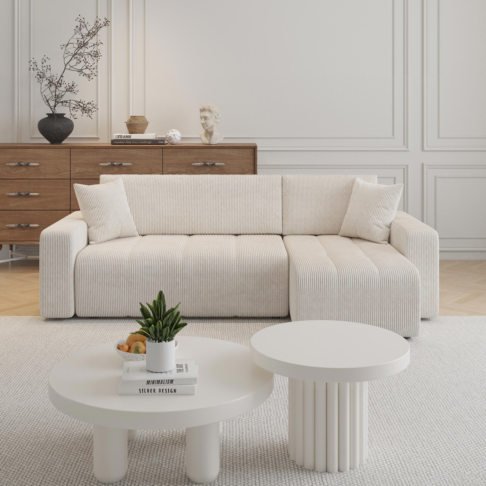 ALICIA MINI Canapé d'angle convertible et réversible avec coffre en velours côtelé beige - Canapé d'angle convertible