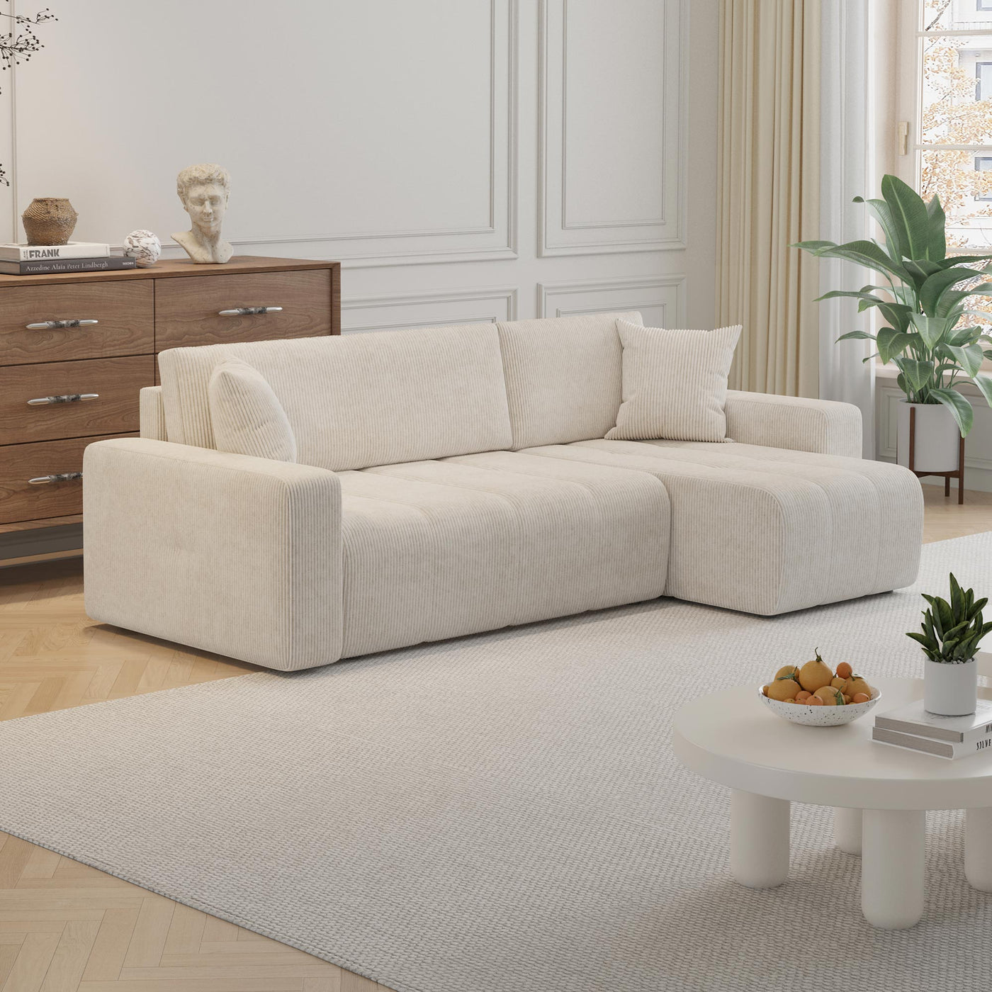 ALICIA MINI Canapé d'angle convertible et réversible avec coffre en velours côtelé beige - Canapé d'angle convertible