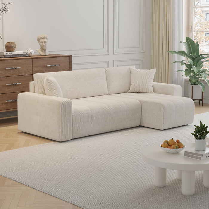 ALICIA MINI Canapé d'angle convertible et réversible avec coffre en velours côtelé beige – Canapé d'angle convertible Mobilier Deco