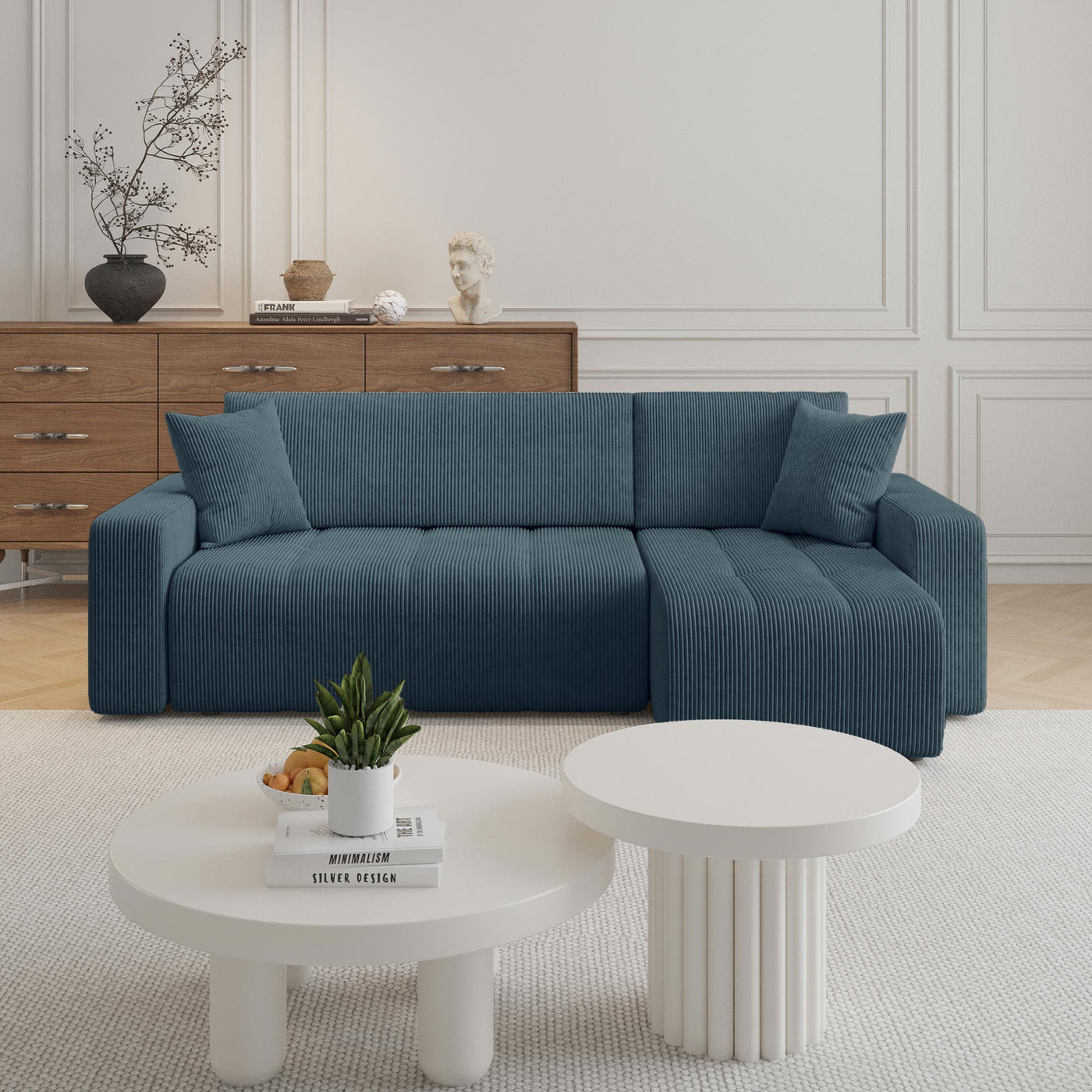 ALICIA MINI Canapé d'angle convertible et réversible avec coffre en velours côtelé bleu - Canapé d'angle convertible - Mobilier Deco
