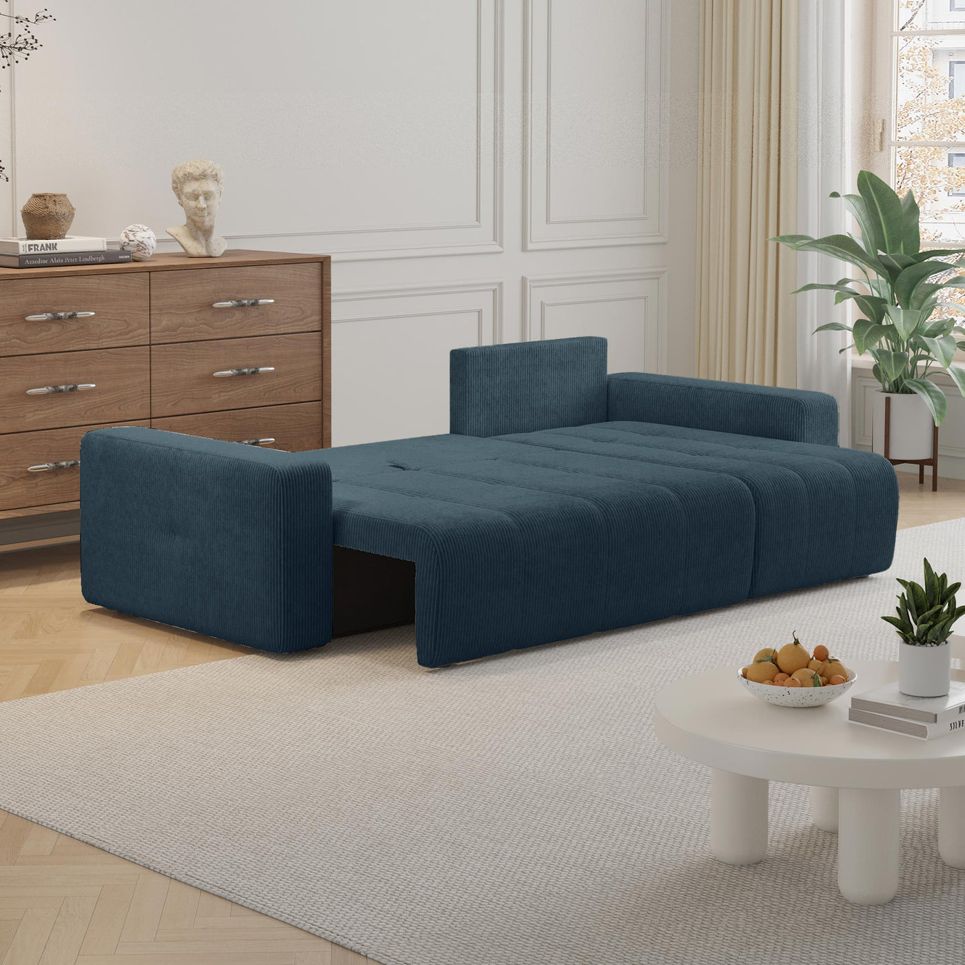 ALICIA MINI Canapé d'angle convertible et réversible avec coffre en velours côtelé bleu - Canapé d'angle convertible - Mobilier Deco