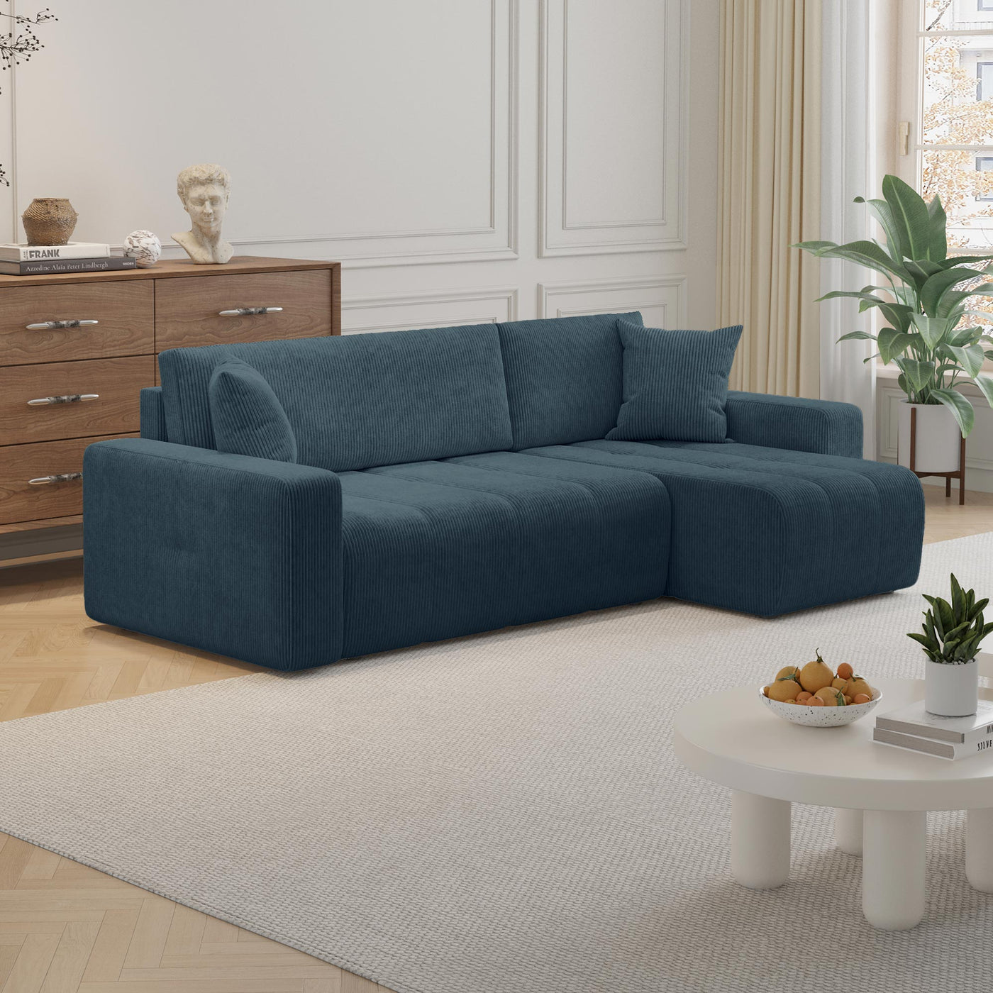 ALICIA MINI Canapé d'angle convertible et réversible avec coffre en velours côtelé bleu - Canapé d'angle convertible - Mobilier Deco