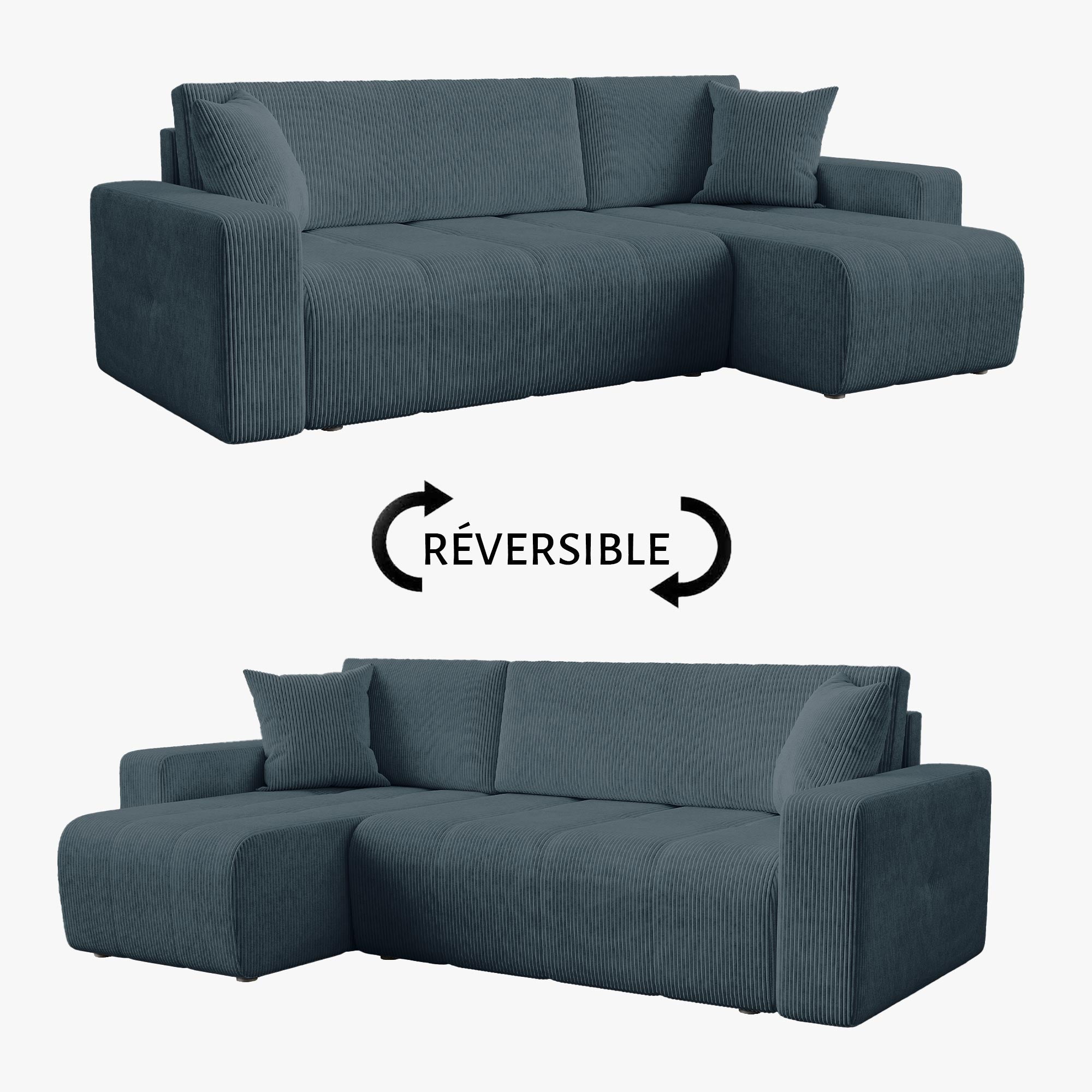 ALICIA MINI Canapé d'angle convertible et réversible avec coffre en velours côtelé bleu - Canapé d'angle convertible - Mobilier Deco