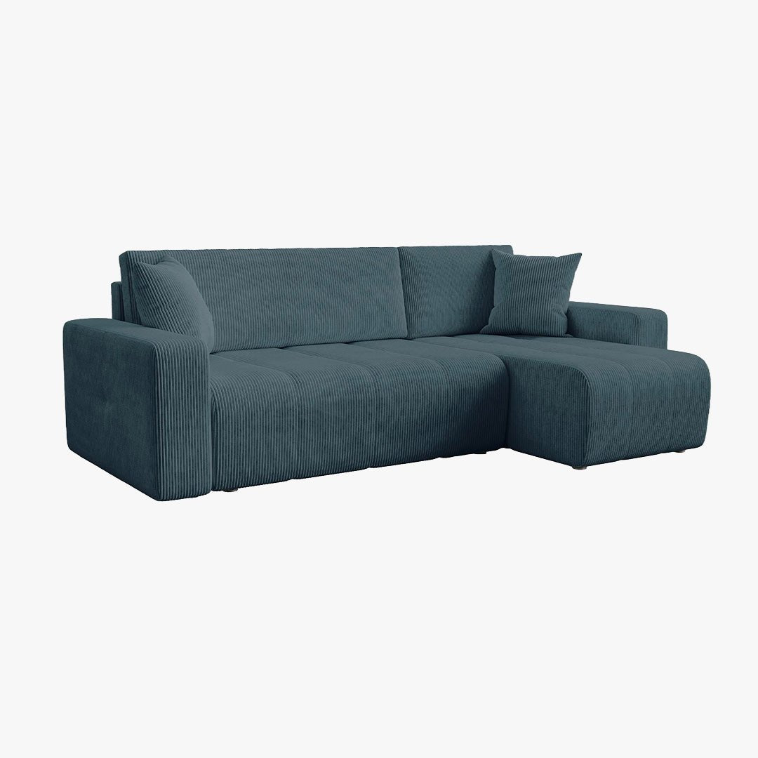 ALICIA MINI Canapé d'angle convertible et réversible avec coffre en velours côtelé bleu - Canapé d'angle convertible - Mobilier Deco
