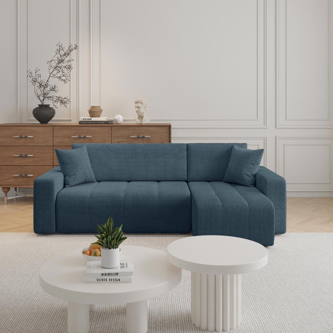 ALICIA MINI Canapé d'angle convertible et réversible avec coffre en velours côtelé bleu - Canapé d'angle convertible - Mobilier Deco